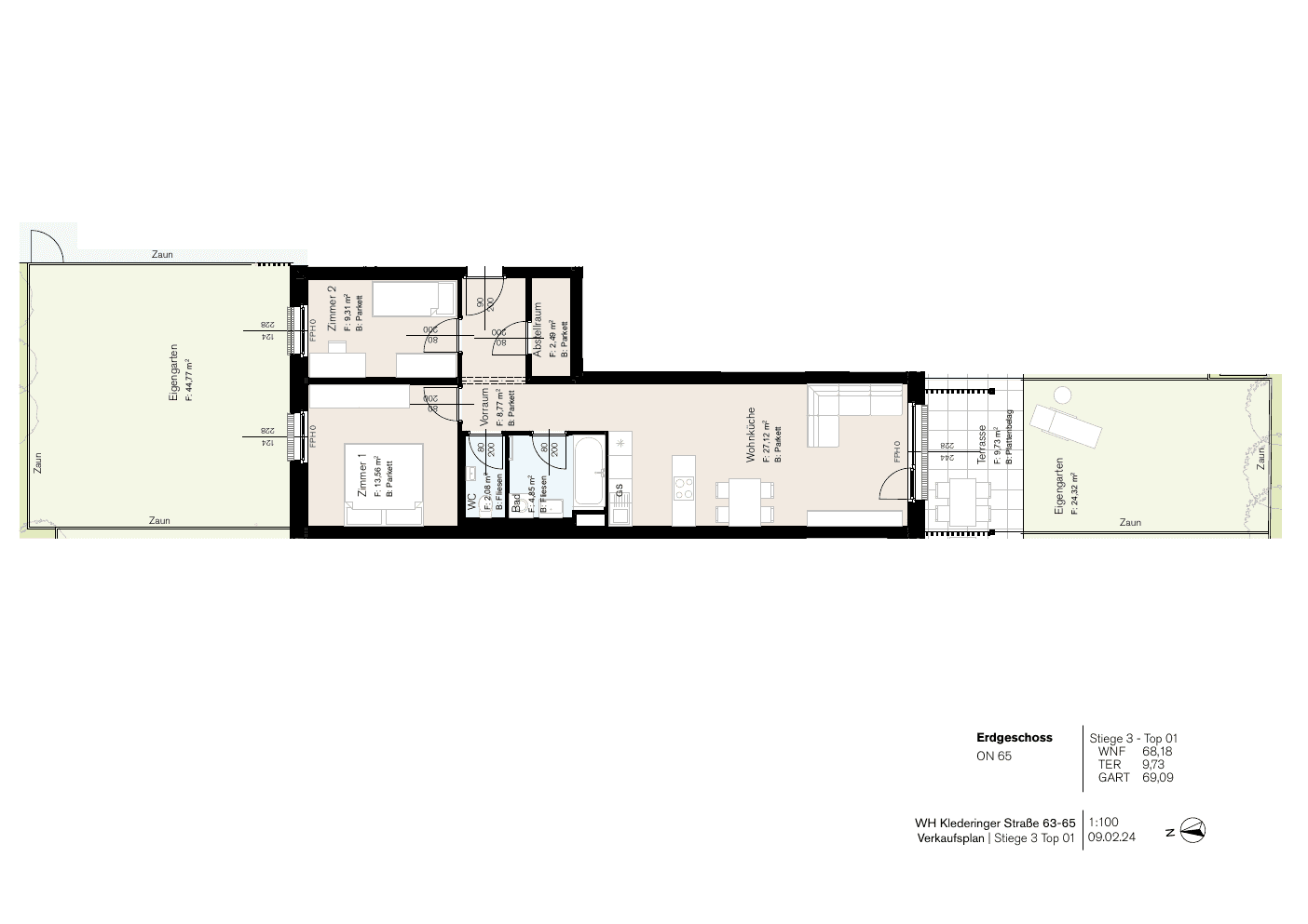 Grundriss Stg 65/3 Top 1 — Dorf Stadt Oase — 3 Zimmer — 68,2 m² — Ground floor — Garten
