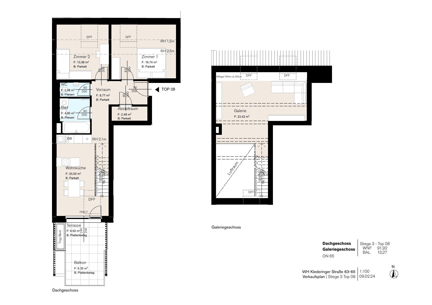 Grundriss Stg 65/3 Top 8 — Dorf Stadt Oase — 3 Zimmer — 91,9 m² — 1st attic floor — Balkon