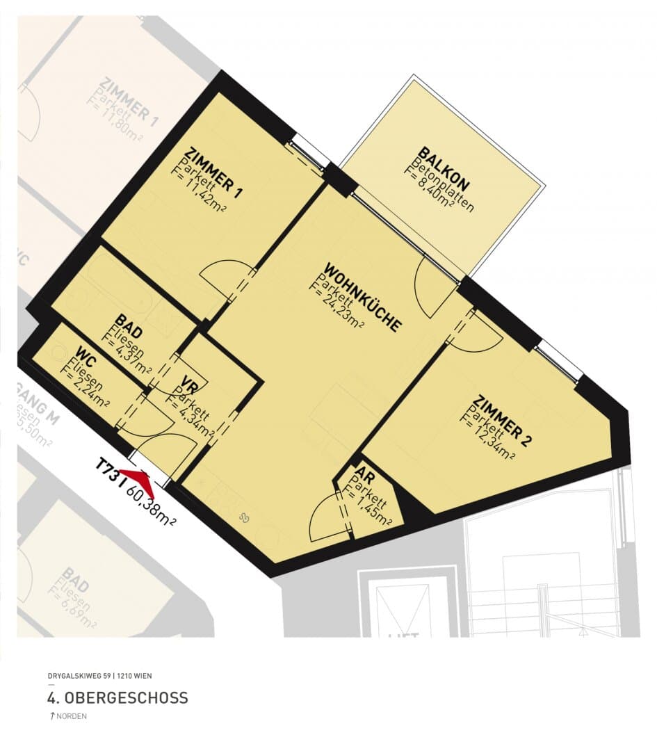 Grundriss Top 73 — Drygalskiweg 59 — 3 Zimmer — 60,4 m² — 4th floor