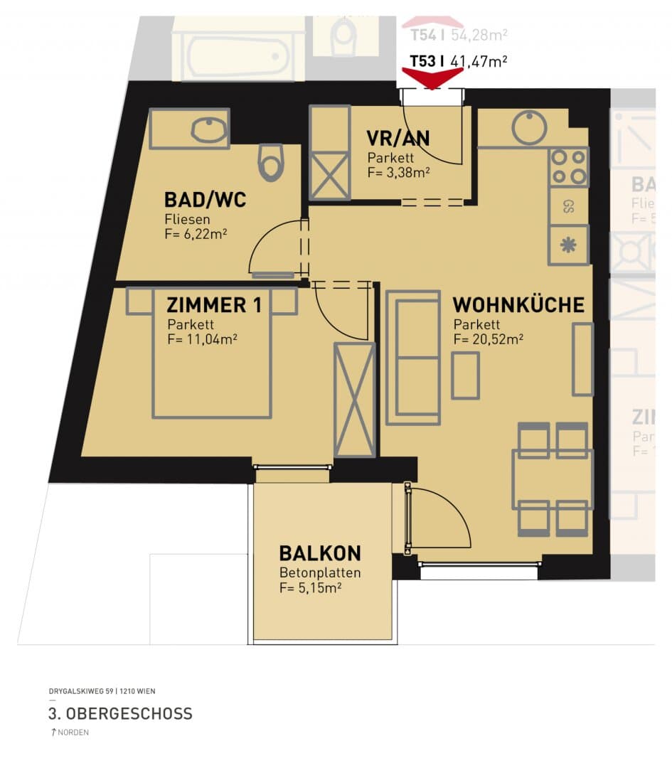 Grundriss Top 53 — Drygalskiweg 59 — 2 Zimmer — 41,5 m² — 3rd floor