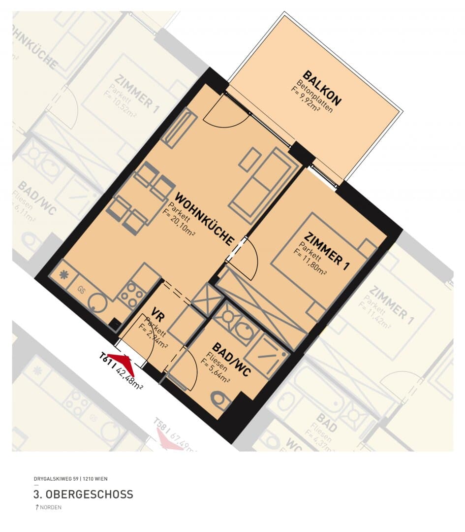 Grundriss Top 61 — Drygalskiweg 59 — 2 Zimmer — 42,5 m² — 3rd floor