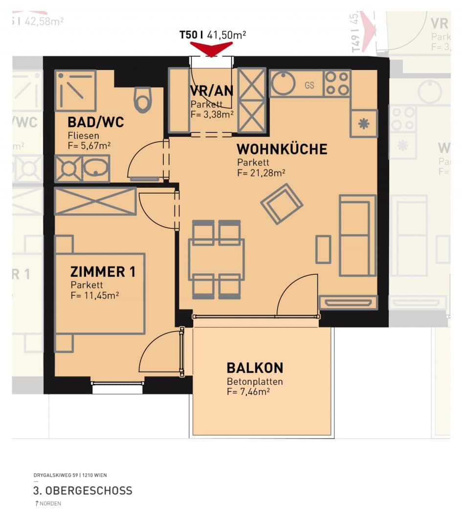 Grundriss Top 50 — Drygalskiweg 59 — 2 Zimmer — 41,5 m² — 3rd floor