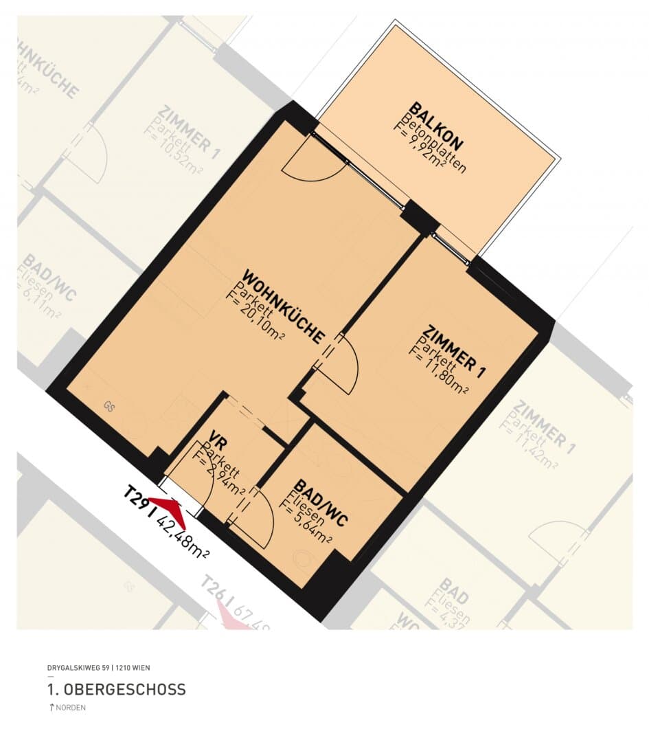 Grundriss Top 29 — Drygalskiweg 59 — 2 Zimmer — 41,9 m² — 1st floor