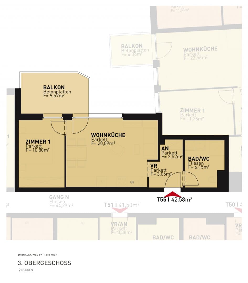 Grundriss Top 55 — Drygalskiweg 59 — 2 Zimmer — 42,6 m² — 3rd floor