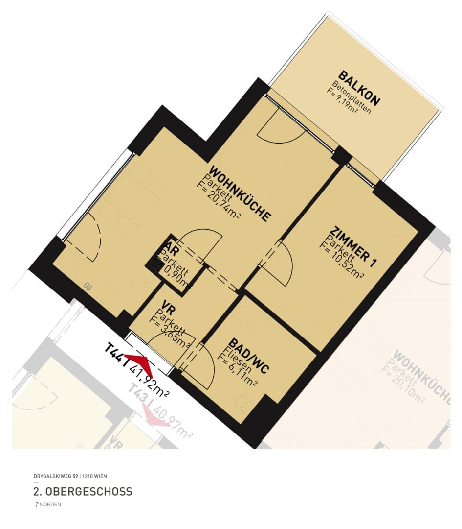 Grundriss Top 44 — Drygalskiweg 59 — 2 Zimmer — 41,9 m² — 2nd floor