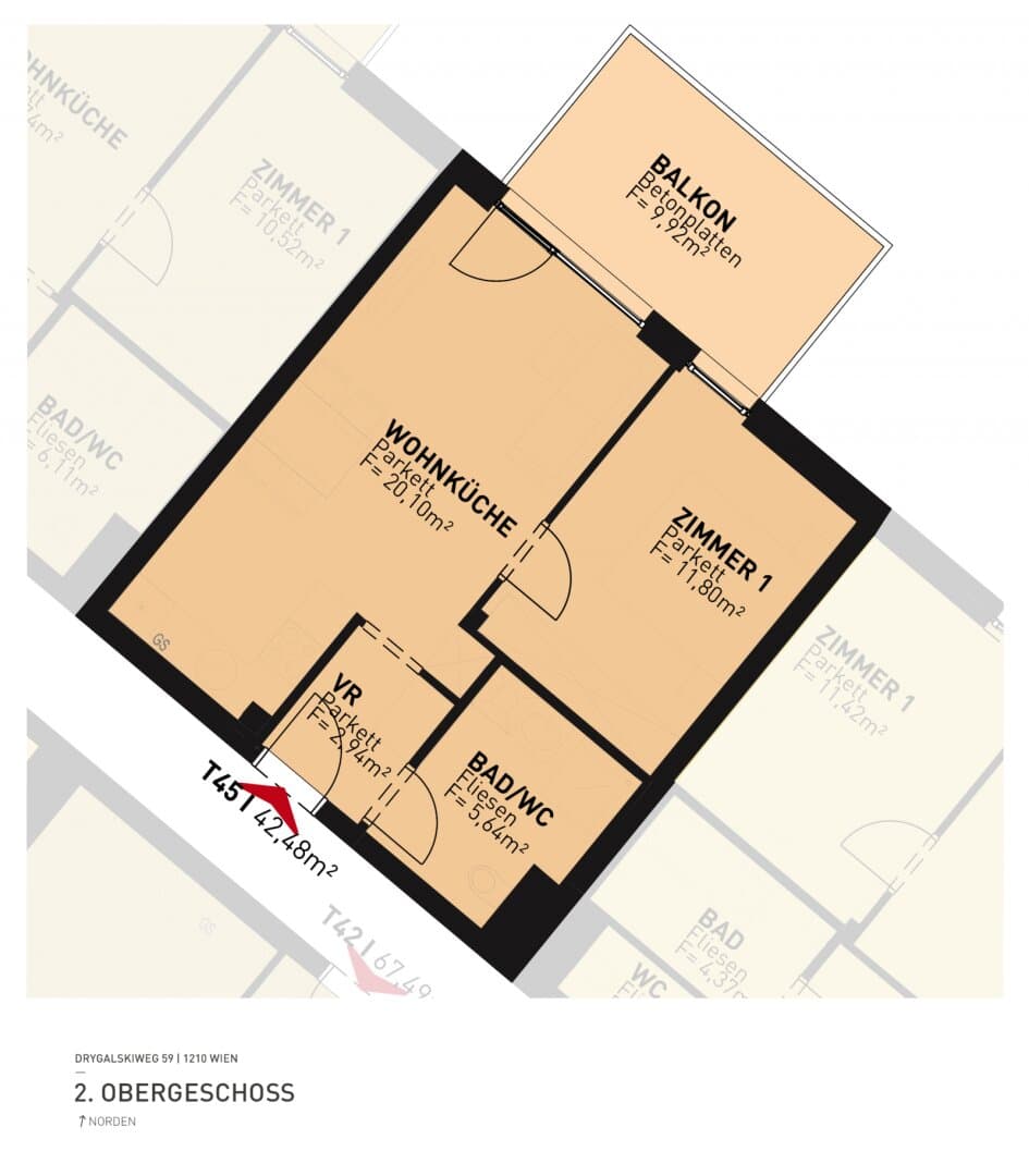 Grundriss Top 45 — Drygalskiweg 59 — 2 Zimmer — 42,5 m² — 2nd floor
