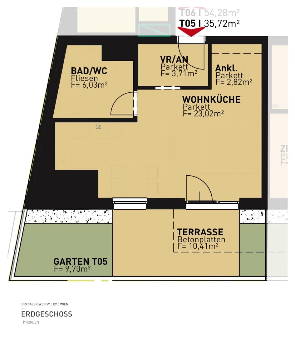 Grundriss Top 05 — Drygalskiweg 59 — 1 Zimmer — 35,7 m² — Ground floor