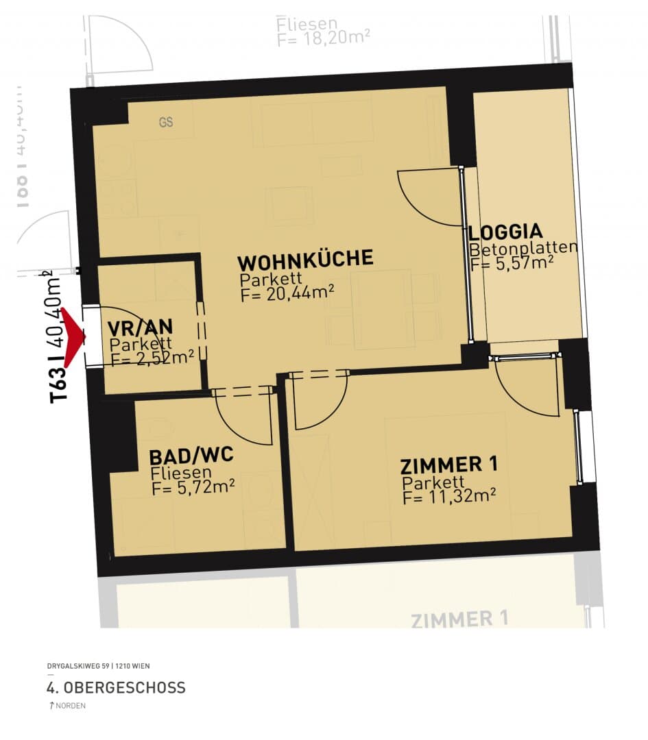 Grundriss Top 63 — Drygalskiweg 59 — 2 Zimmer — 40,4 m² — 4th floor