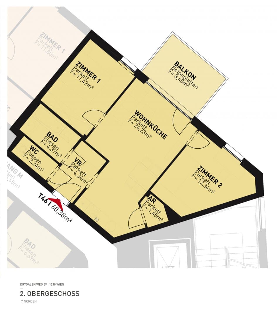 Grundriss Top 46 — Drygalskiweg 59 — 3 Zimmer — 60,4 m² — 2nd floor