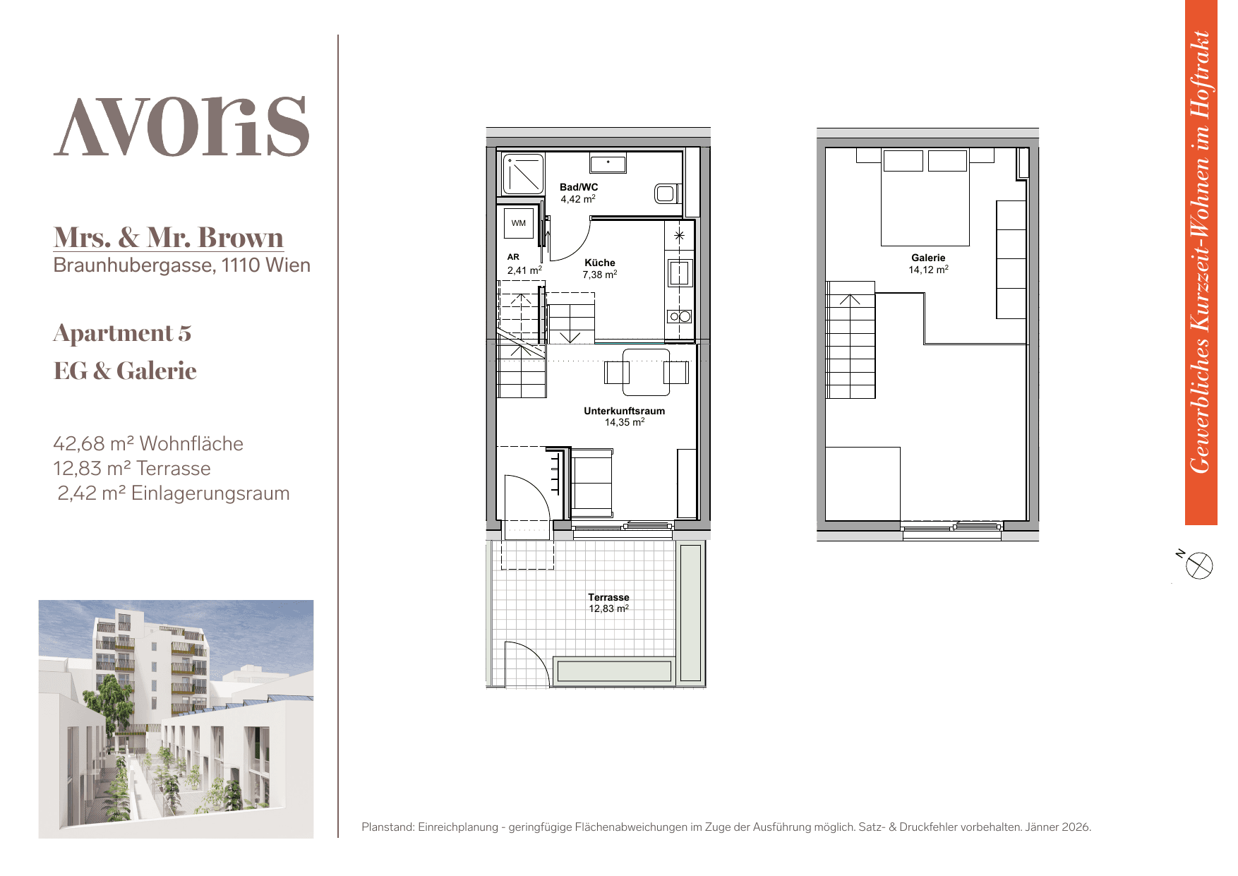 Grundriss Apt. 5 — EARLY BIRD — Mrs. & Mr. Brown — 42,7 m² — Ground floor / Mezzanine