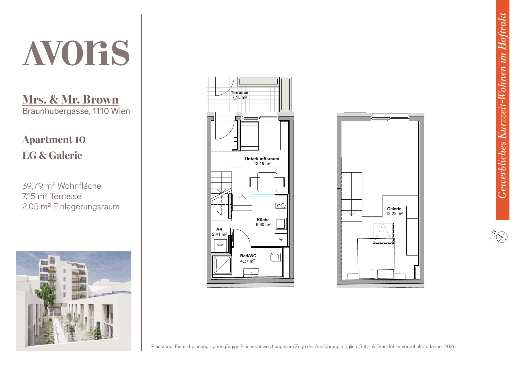 Grundriss Apt. 10 — EARLY BIRD — Mrs. & Mr. Brown — 39,8 m² — Ground floor / Mezzanine