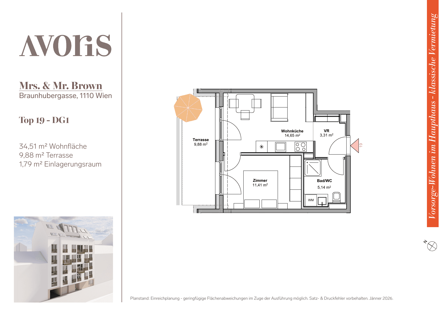 Grundriss Top 19 — EARLY BIRD — Mrs. & Mr. Brown — 34,5 m² — 1st attic floor