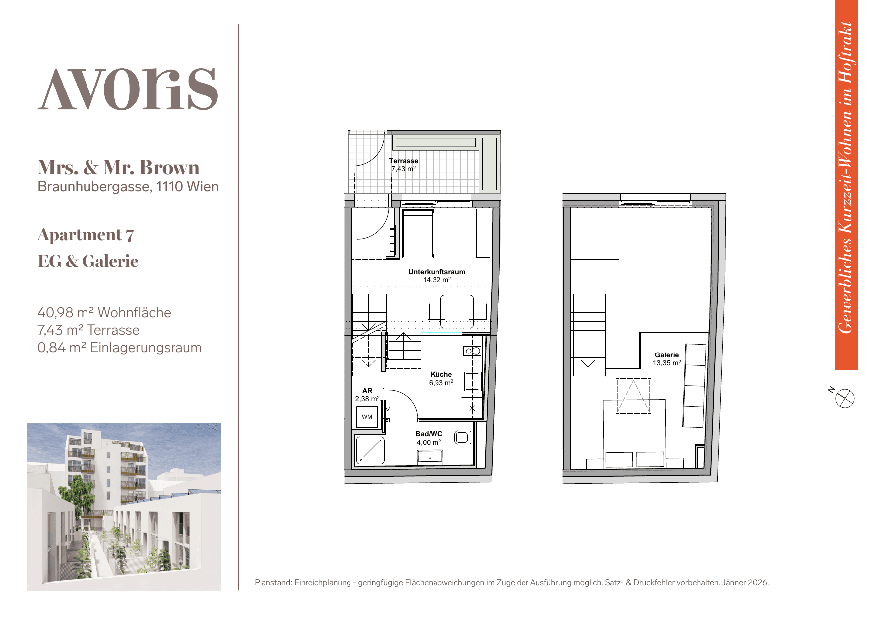 Grundriss Apt. 7 — EARLY BIRD — Mrs. & Mr. Brown — 41 m² — Ground floor / Mezzanine