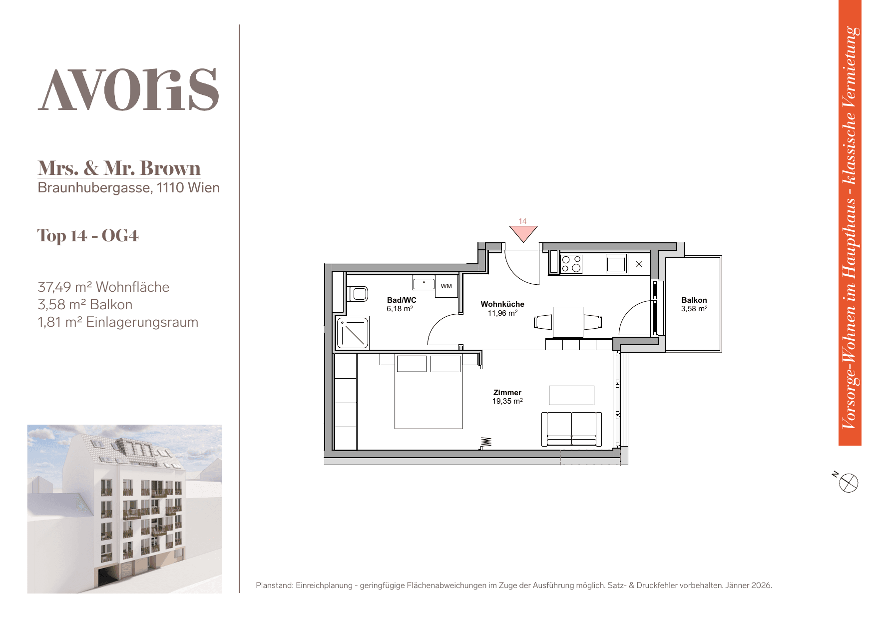 Grundriss Top 14 — EARLY BIRD — Mrs. & Mr. Brown — 37,5 m² — 4th floor