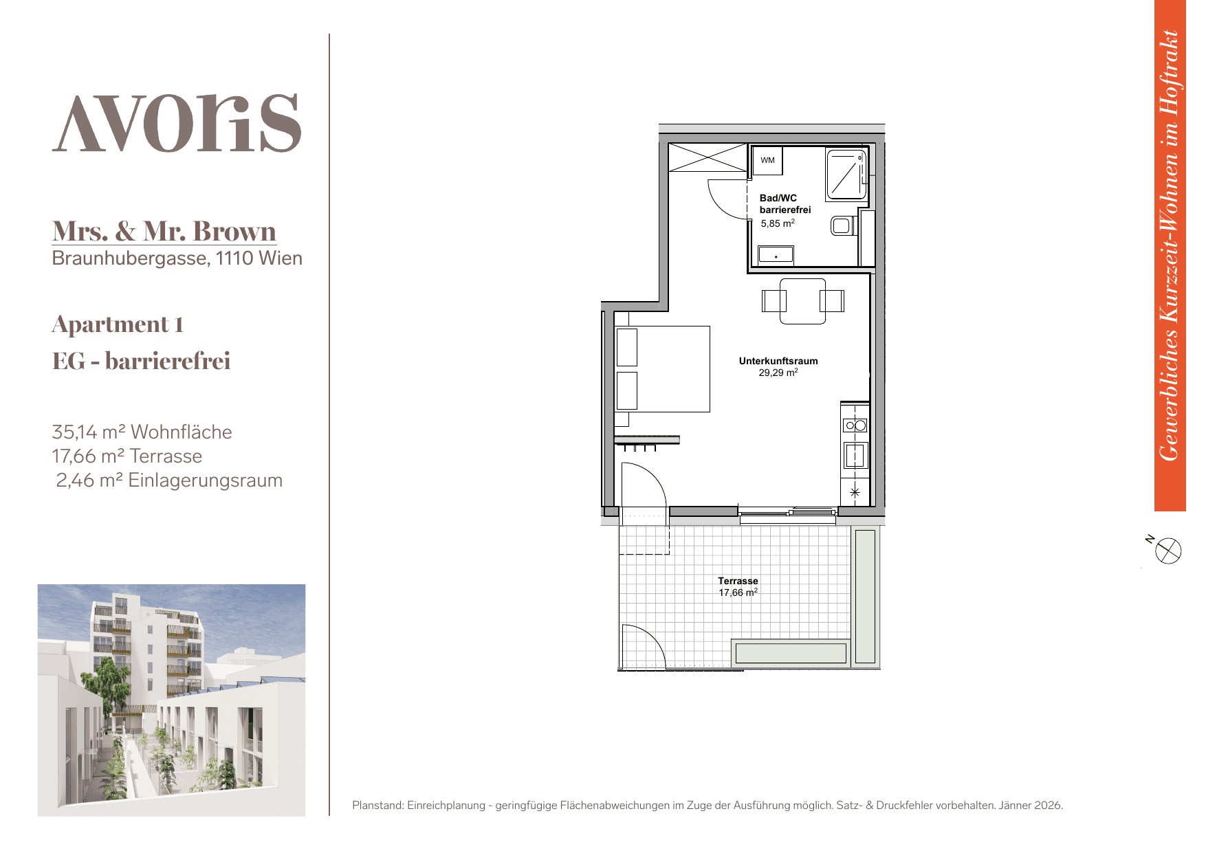 Grundriss Apt. 1 — EARLY BIRD — Mrs. & Mr. Brown — 35,1 m² — Ground floor