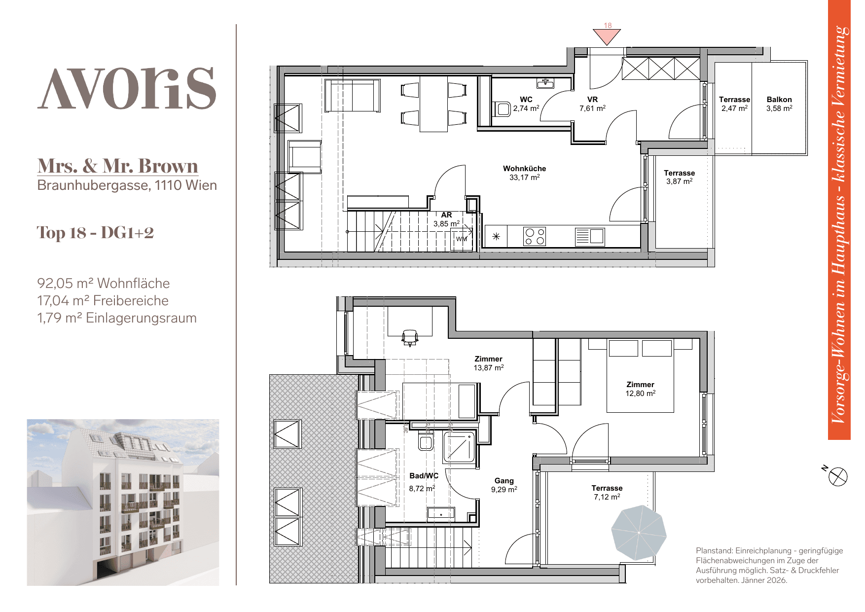 Grundriss Top 18 — EARLY BIRD — Mrs. & Mr. Brown — 92,1 m² — 2nd floor / 1st attic floor