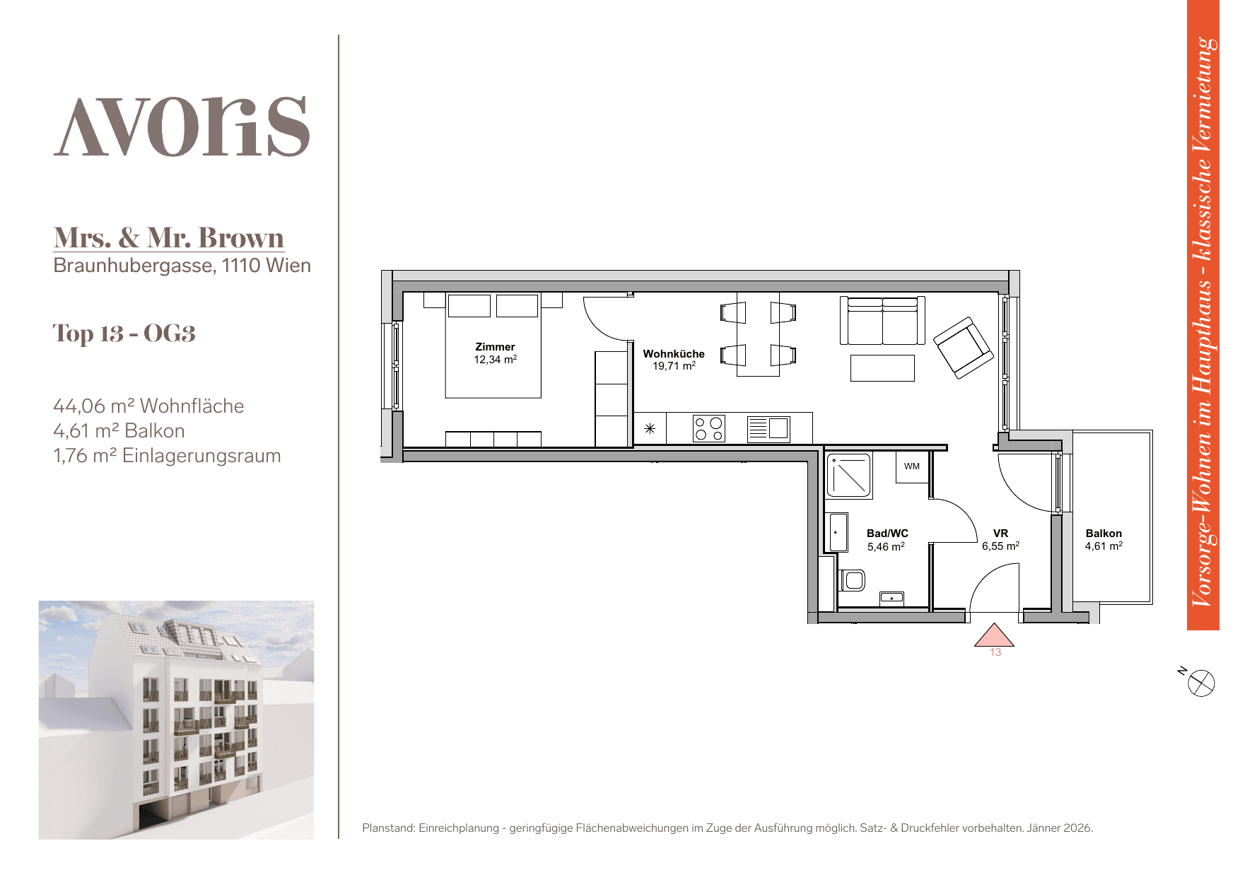 Grundriss Top 13 — EARLY BIRD — Mrs. & Mr. Brown — 44,1 m² — 3rd floor