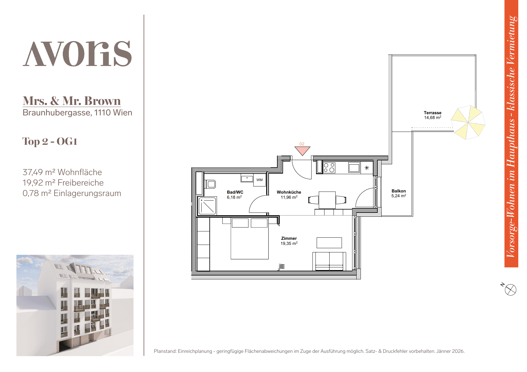 Grundriss Top 2 — EARLY BIRD — Mrs. & Mr. Brown — 37,5 m² — 1st floor