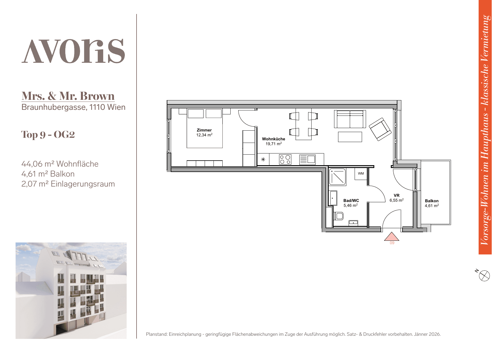 Grundriss Top 9 — EARLY BIRD — Mrs. & Mr. Brown — 44,1 m² — 2nd floor