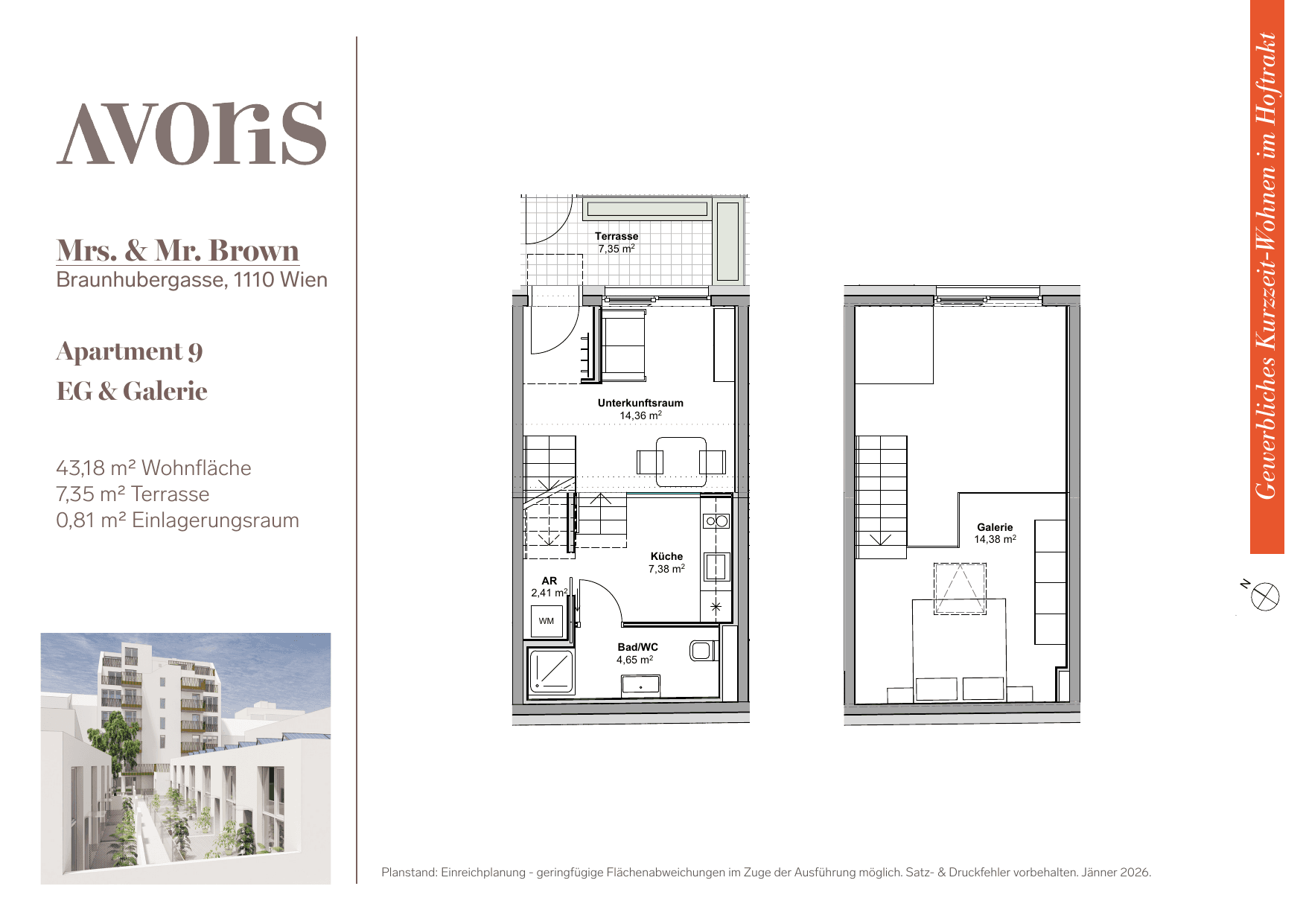 Grundriss Apt. 9 — EARLY BIRD — Mrs. & Mr. Brown — 43,2 m² — Ground floor / Mezzanine