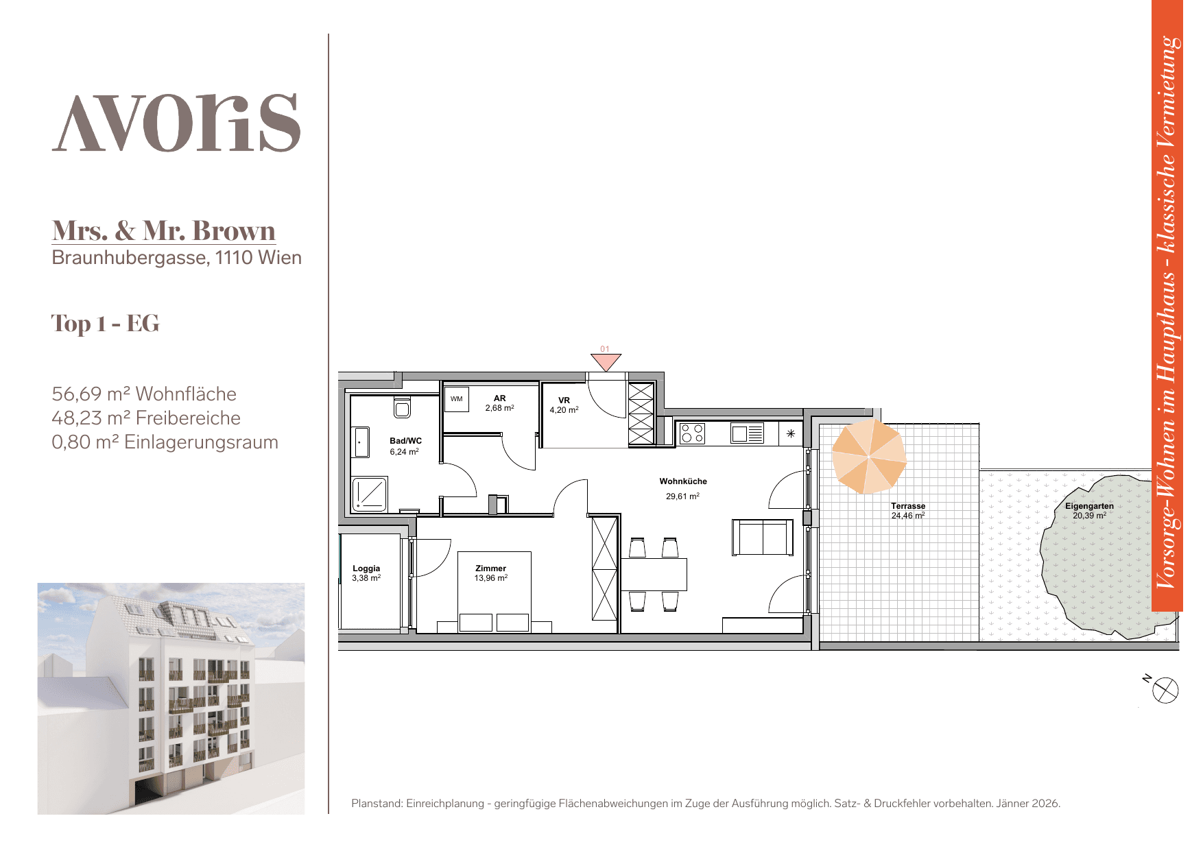 Grundriss Top 1 — EARLY BIRD — Mrs. & Mr. Brown — 56,7 m² — Ground floor