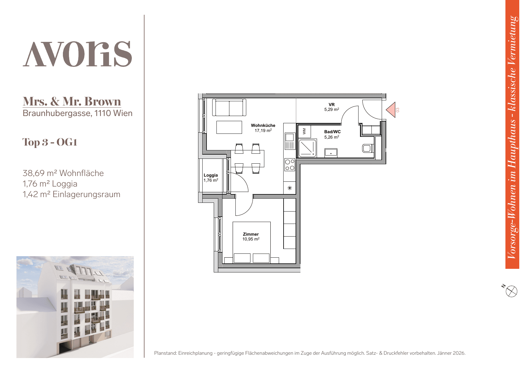 Grundriss Top 3 — EARLY BIRD — Mrs. & Mr. Brown — 38,7 m² — 1st floor