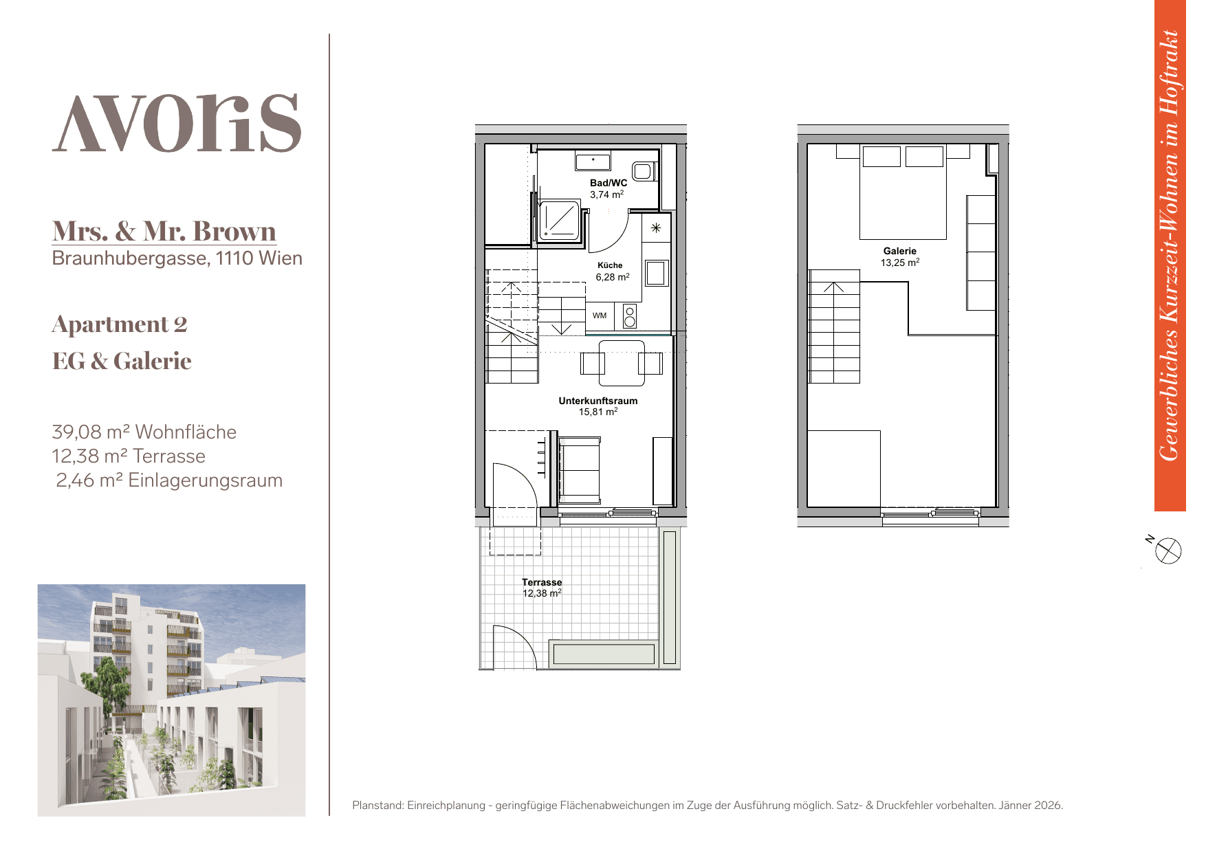 Grundriss Apt. 2 — EARLY BIRD — Mrs. & Mr. Brown — 39,1 m² — Ground floor / Mezzanine