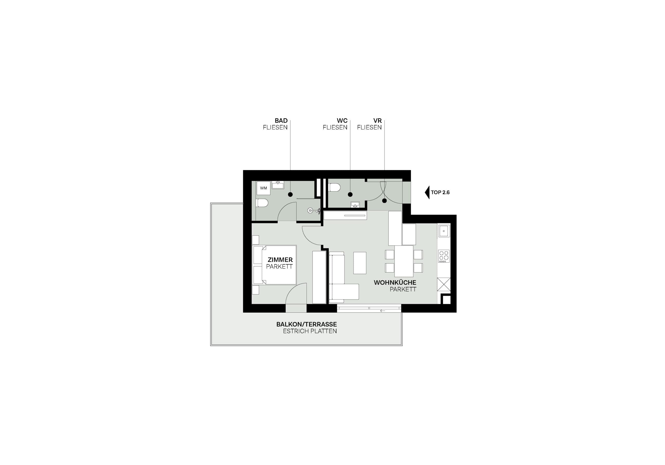 Grundriss Top 2.6 — Elidagasse 26 — 2 Zimmer — 44,3 m² — Attic floor