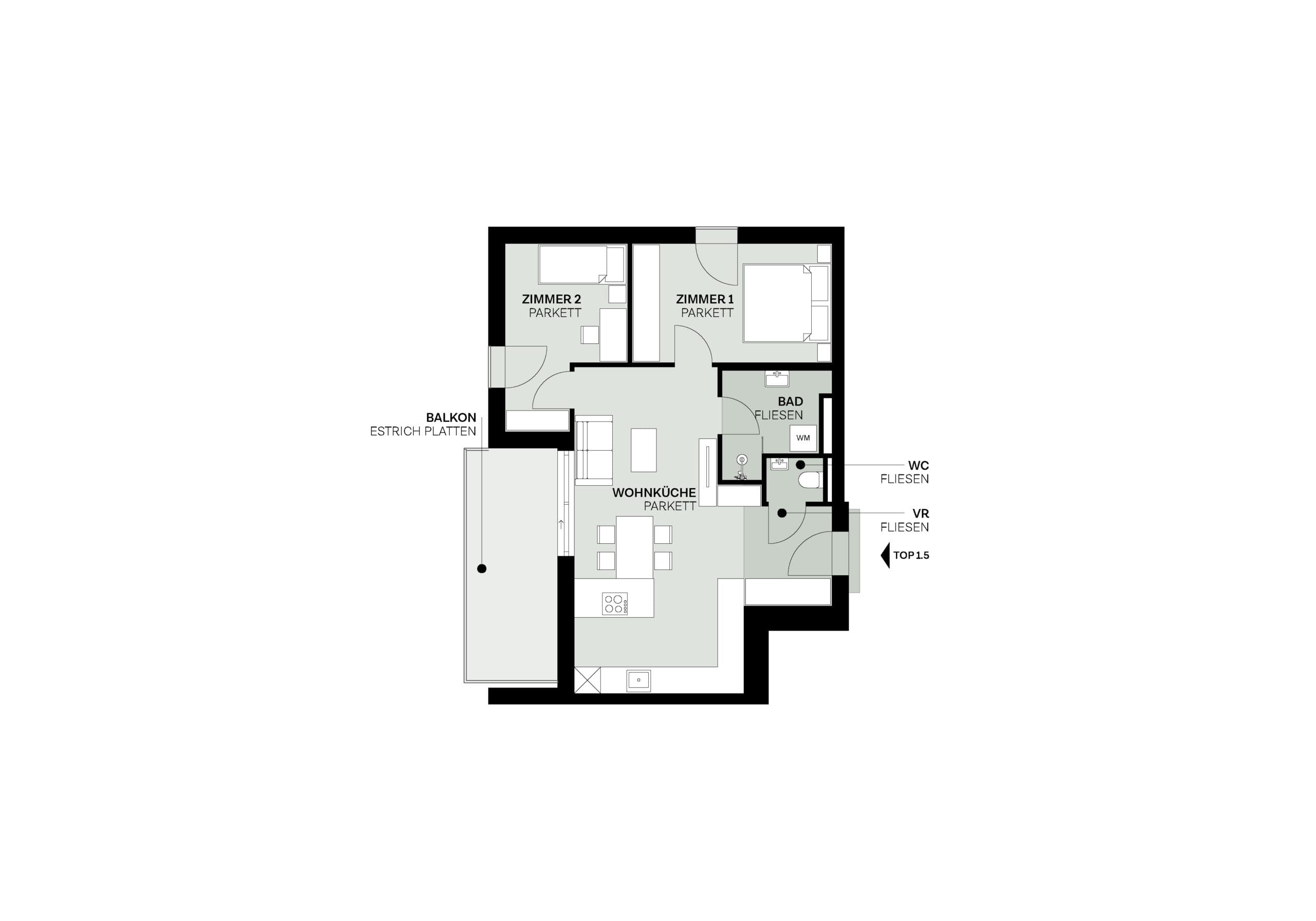 Grundriss Top 1.5 — Elidagasse 26 — 3 Zimmer — 60,6 m² — Upper floor