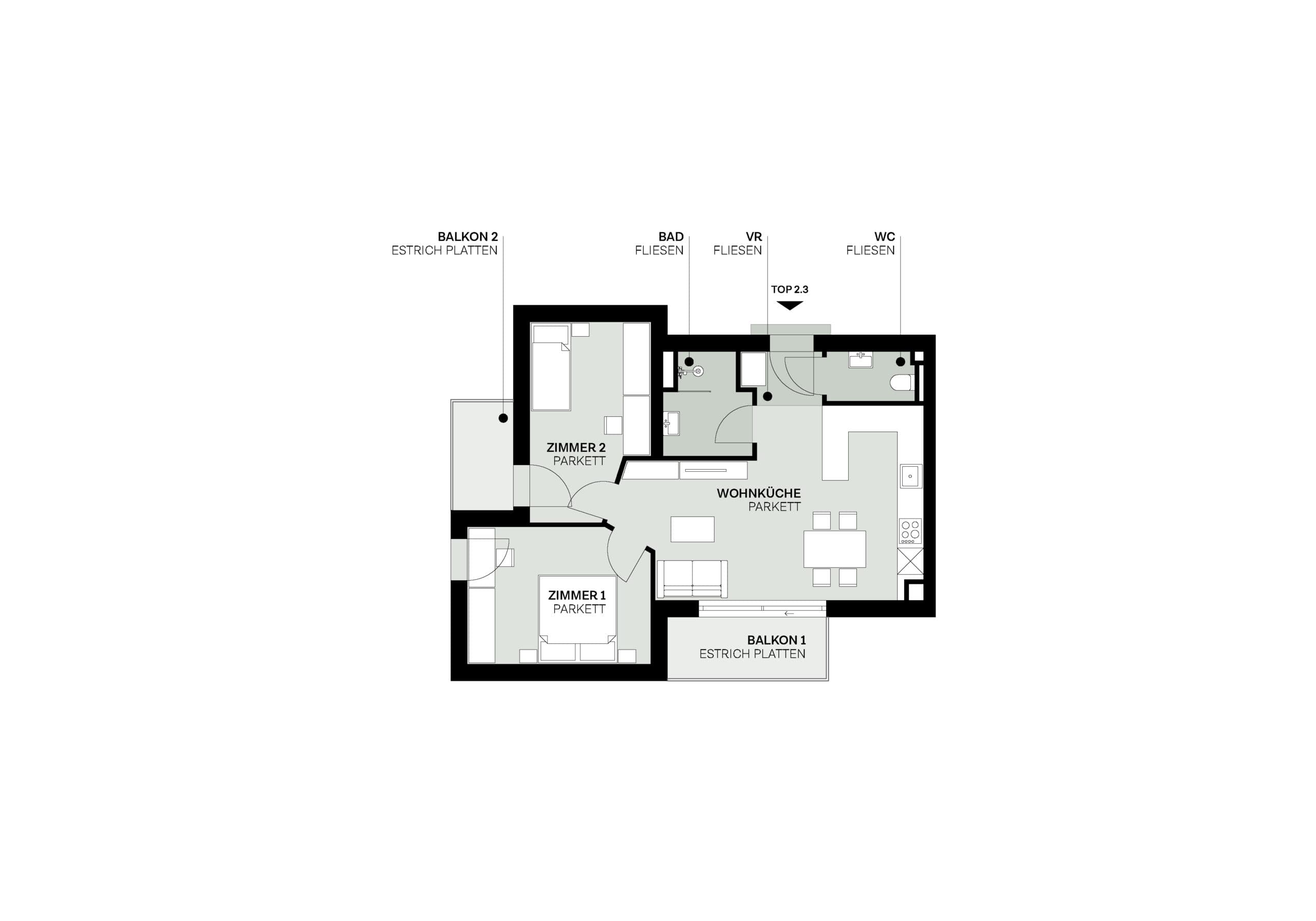 Grundriss Top 2.3 — Elidagasse 26 — 3 Zimmer — 58,4 m² — Ground floor