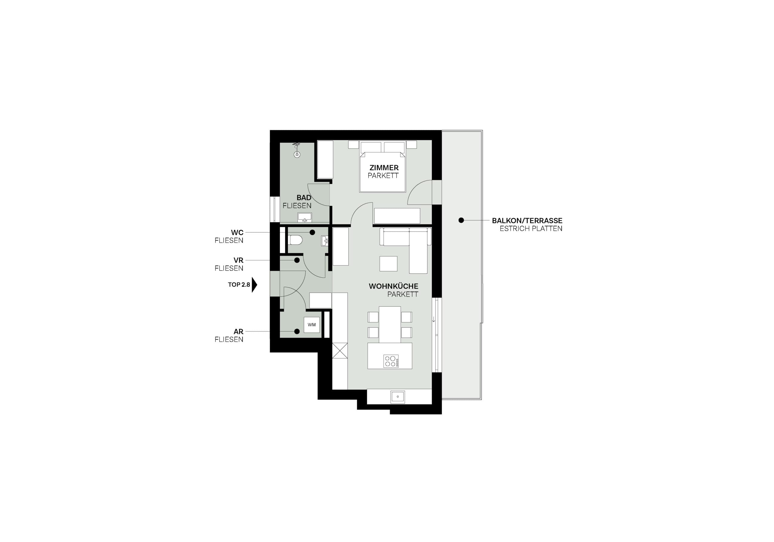 Grundriss Top 2.8 — Elidagasse 26 — 2 Zimmer — 51,9 m² — Attic floor