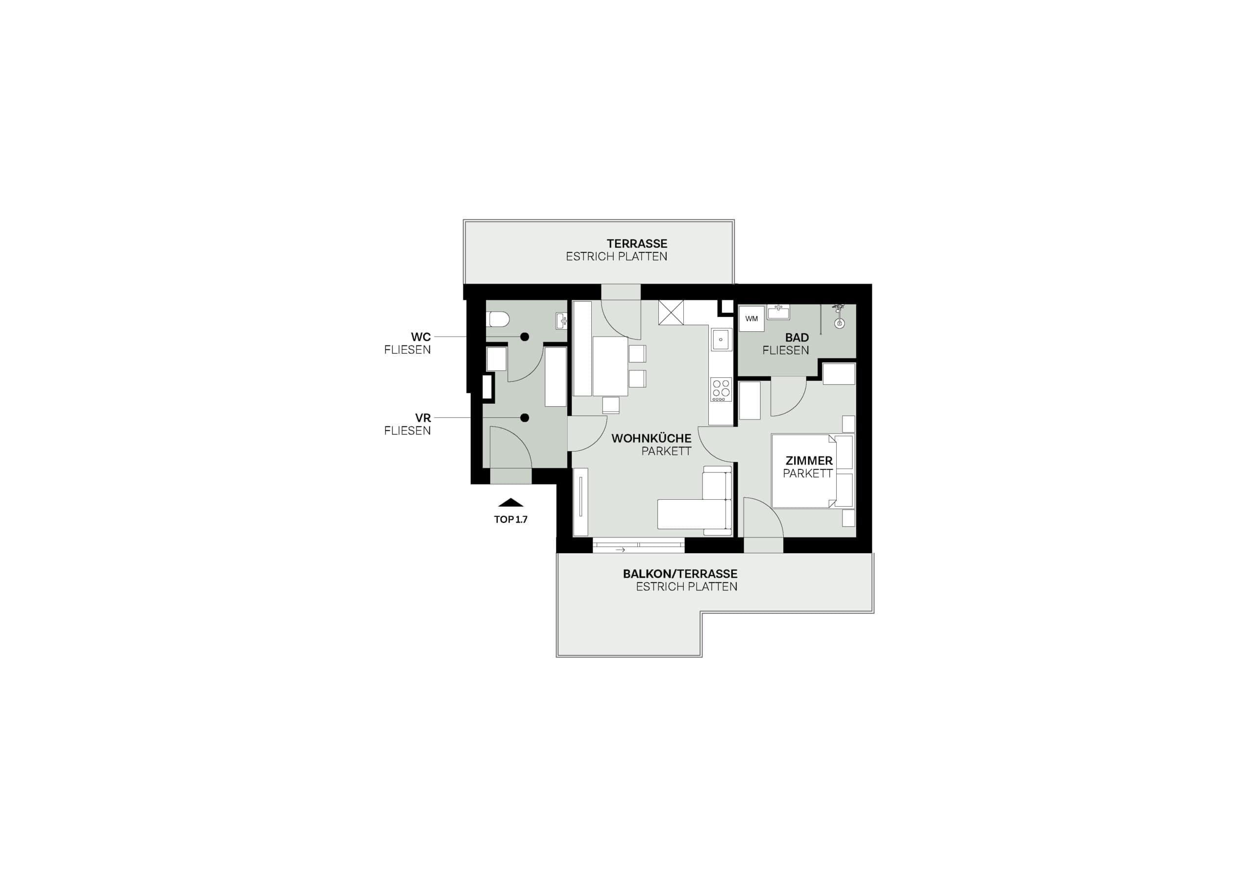 Grundriss Top 1.7 — Elidagasse 26 — 2 Zimmer — 45,2 m² — Attic floor