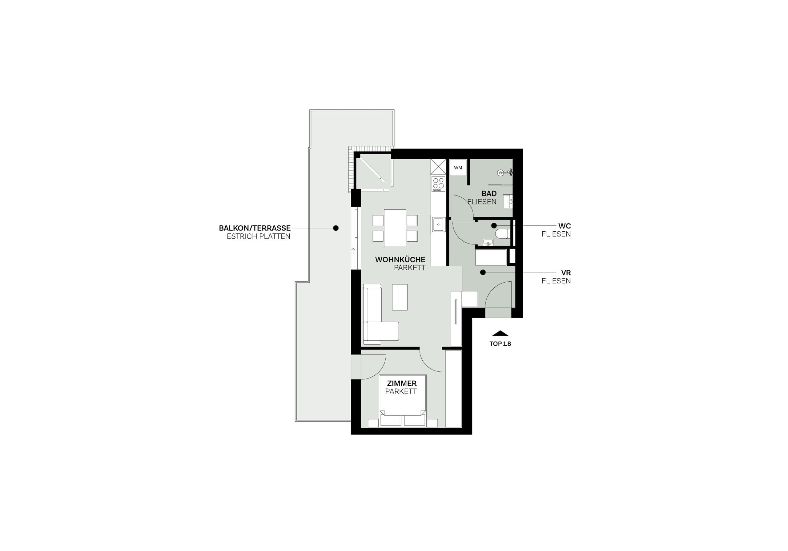 Grundriss Top 1.8 — Elidagasse 26 — 2 Zimmer — 49,5 m² — Attic floor