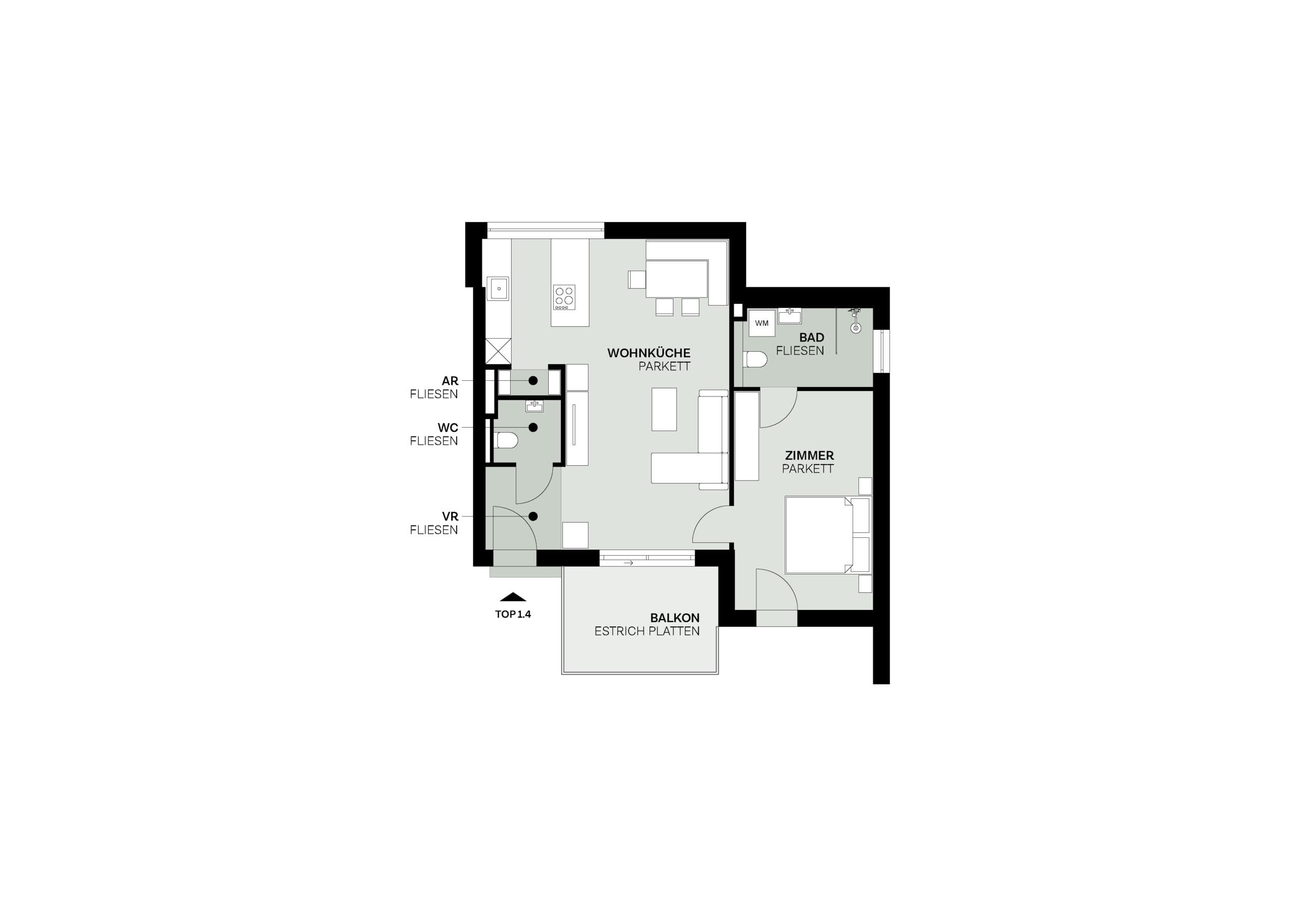 Grundriss Top 1.4 — Elidagasse 26 — 2 Zimmer — 61,2 m² — Upper floor