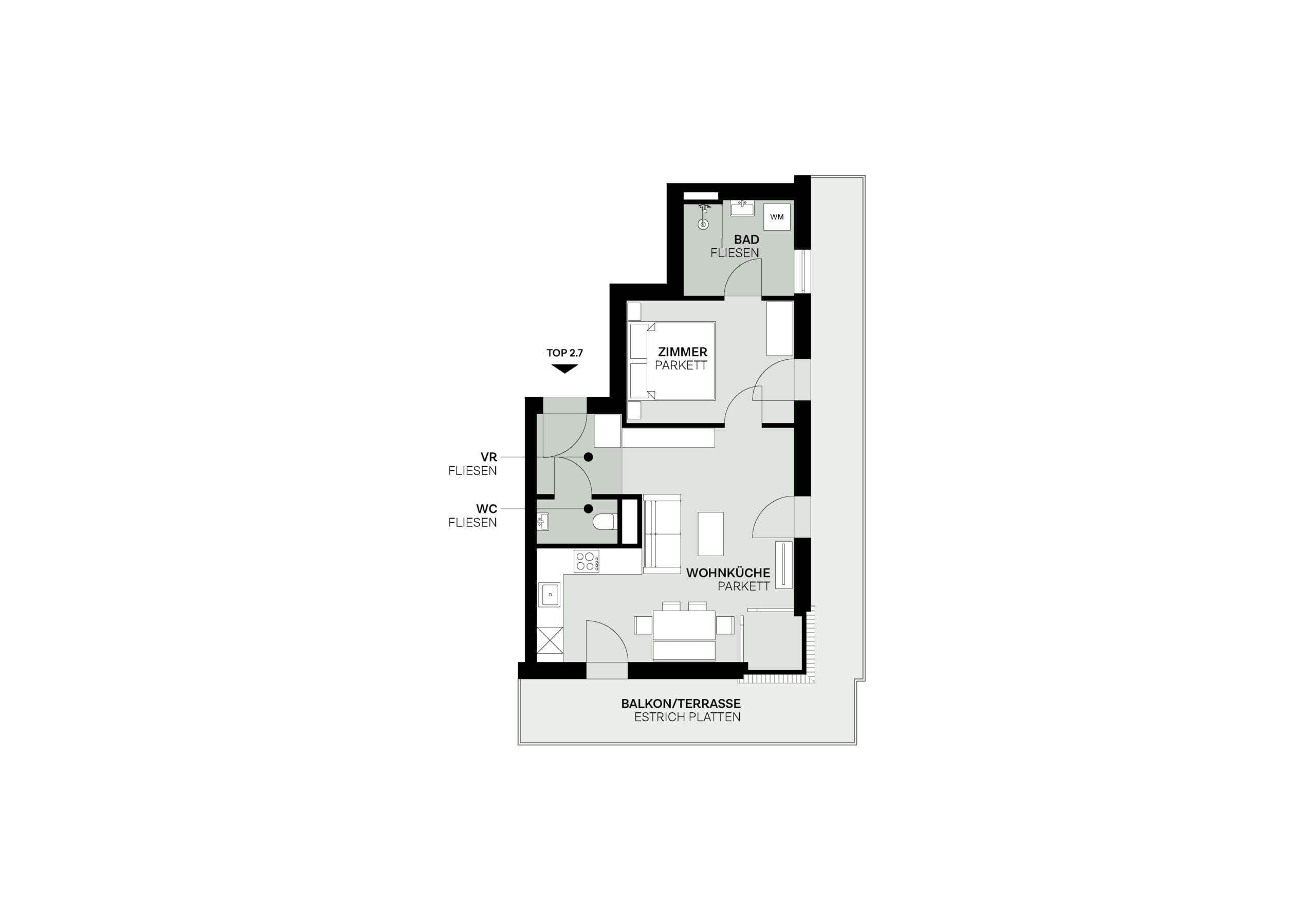 Grundriss Top 2.7 — Elidagasse 26 — 2 Zimmer — 47,8 m² — Attic floor