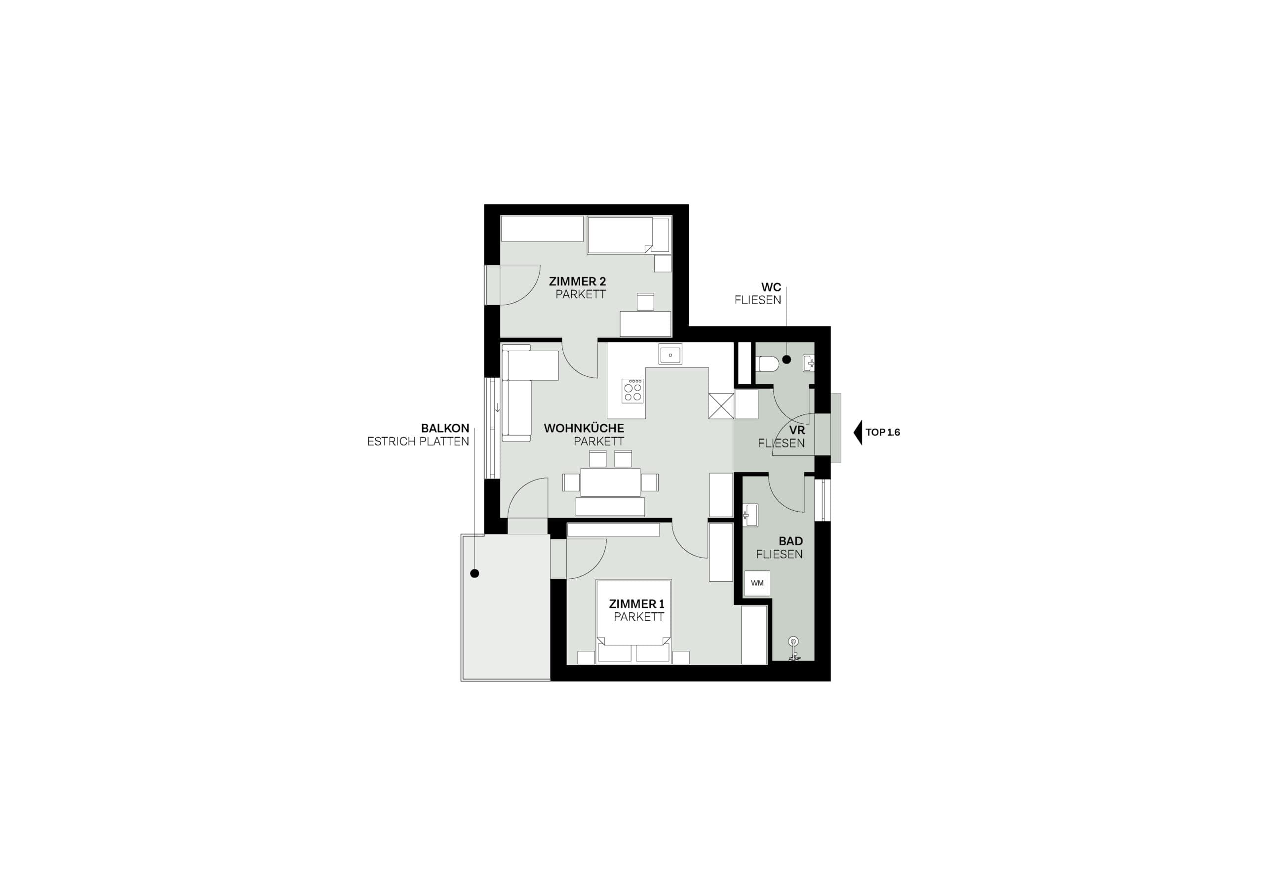 Grundriss Top 1.6 — Elidagasse 26 — 3 Zimmer — 61,6 m² — Upper floor