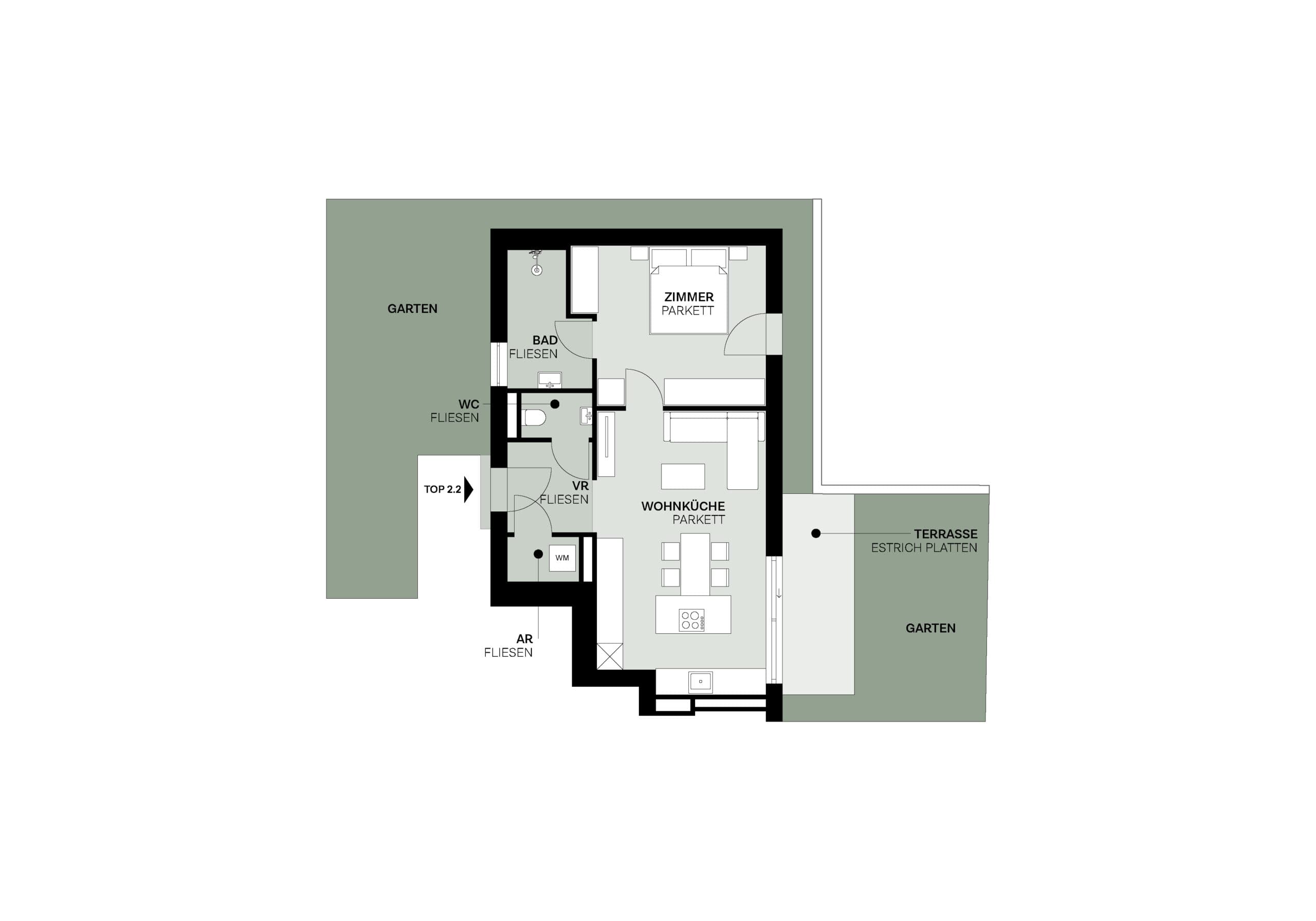 Grundriss Top 2.2 — Elidagasse 26 — 2 Zimmer — 51,9 m² — Ground floor