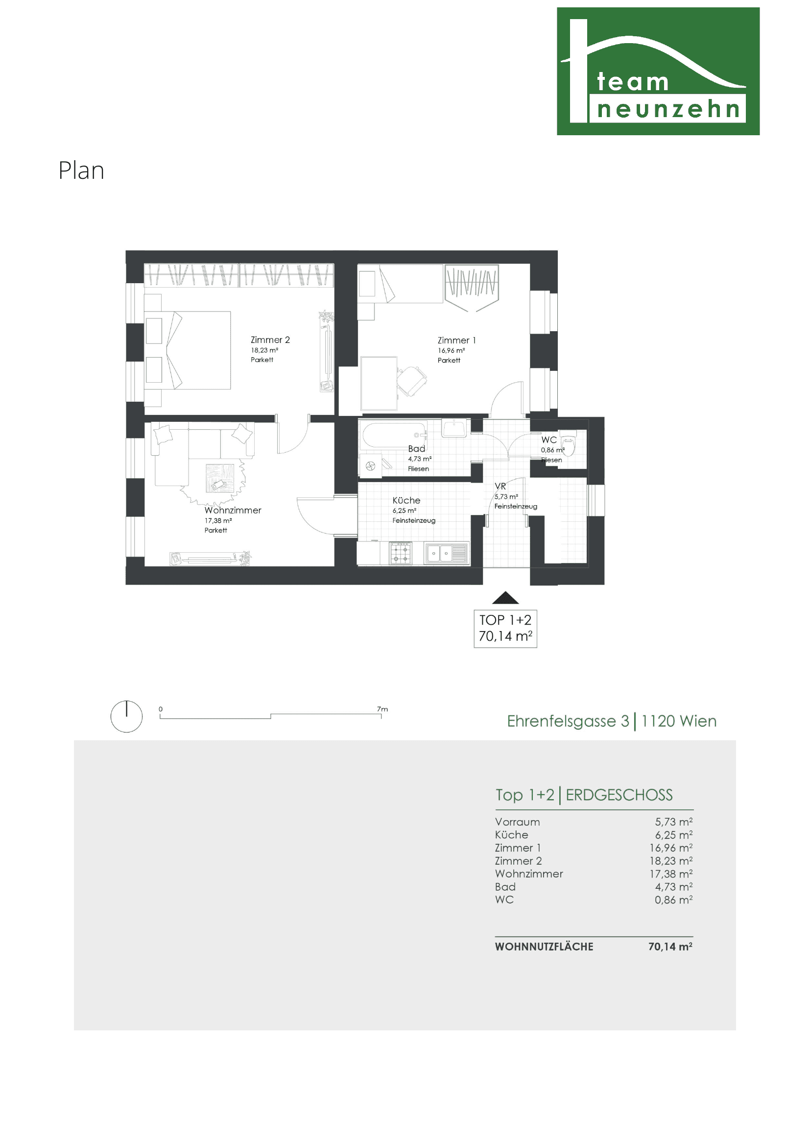 Grundriss Top 1-2 — Ehrenfelsgasse 3 — 3 Zimmer — 70,1 m² — Ground floor — Grundriss 2/2