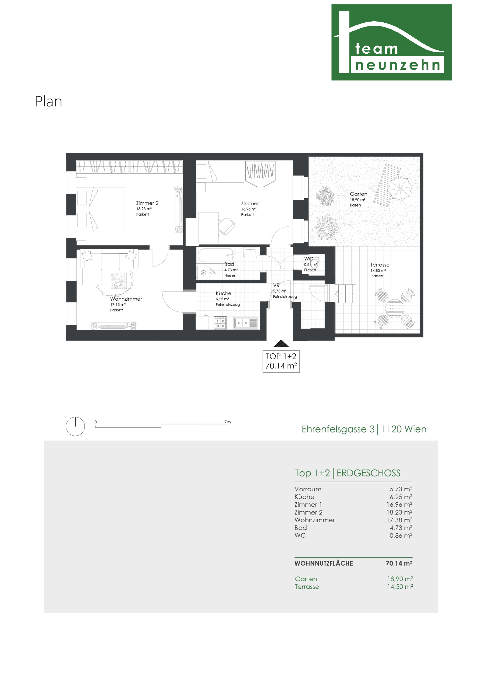 Grundriss Top 1-2 — Ehrenfelsgasse 3 — 3 Zimmer — 70,1 m² — Ground floor — Grundriss 1/2