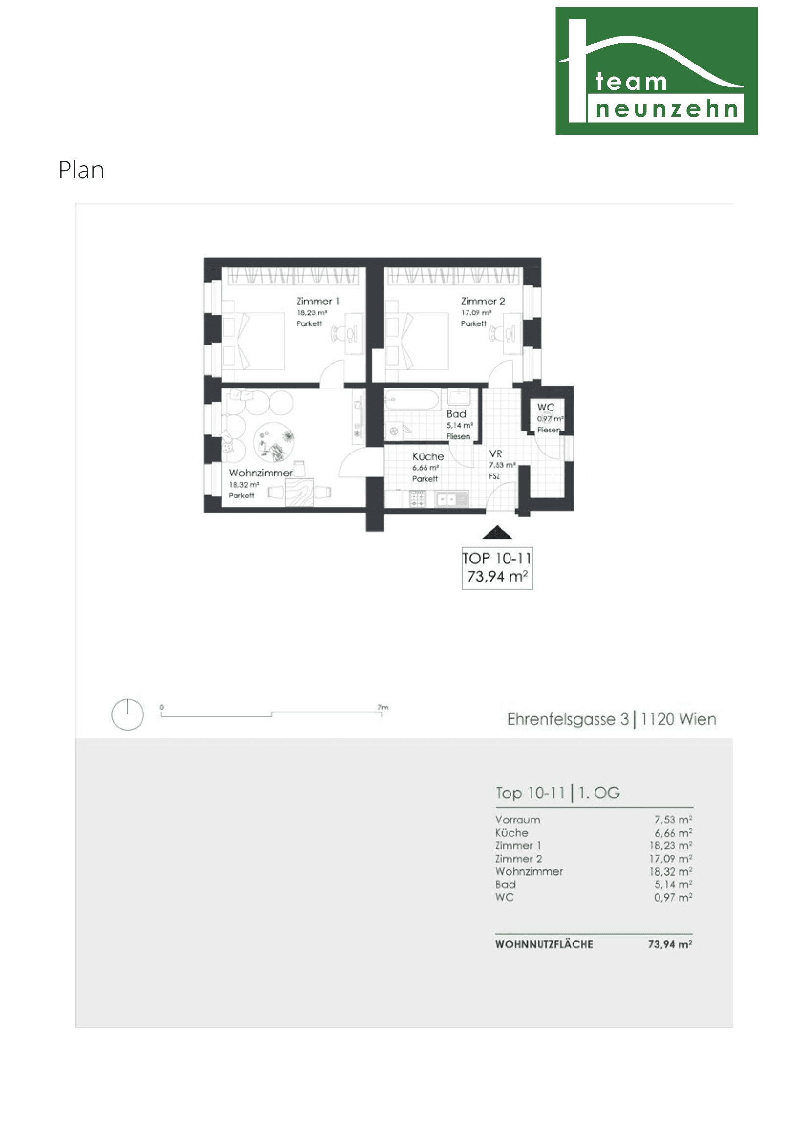 Grundriss Top 10-11 — Ehrenfelsgasse 3 — 3 Zimmer — 73,9 m² — 1st floor