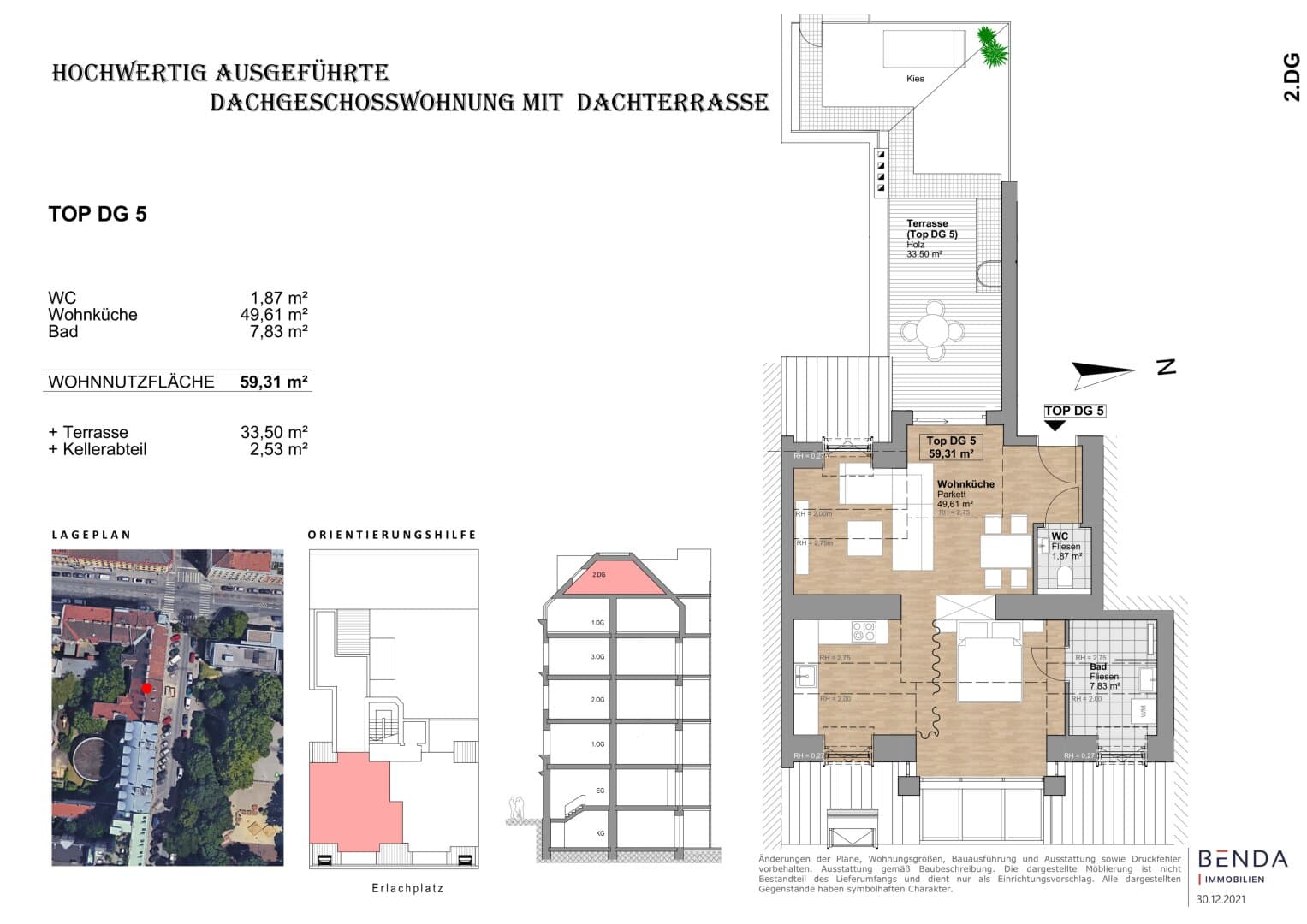 Grundriss Top 21 — Erlachplatz 10 — 2 Zimmer — 59 m² — 2nd attic floor — Erlachpark, Stadtblick, Grünblick, Fernblick — Grundriss 1/2