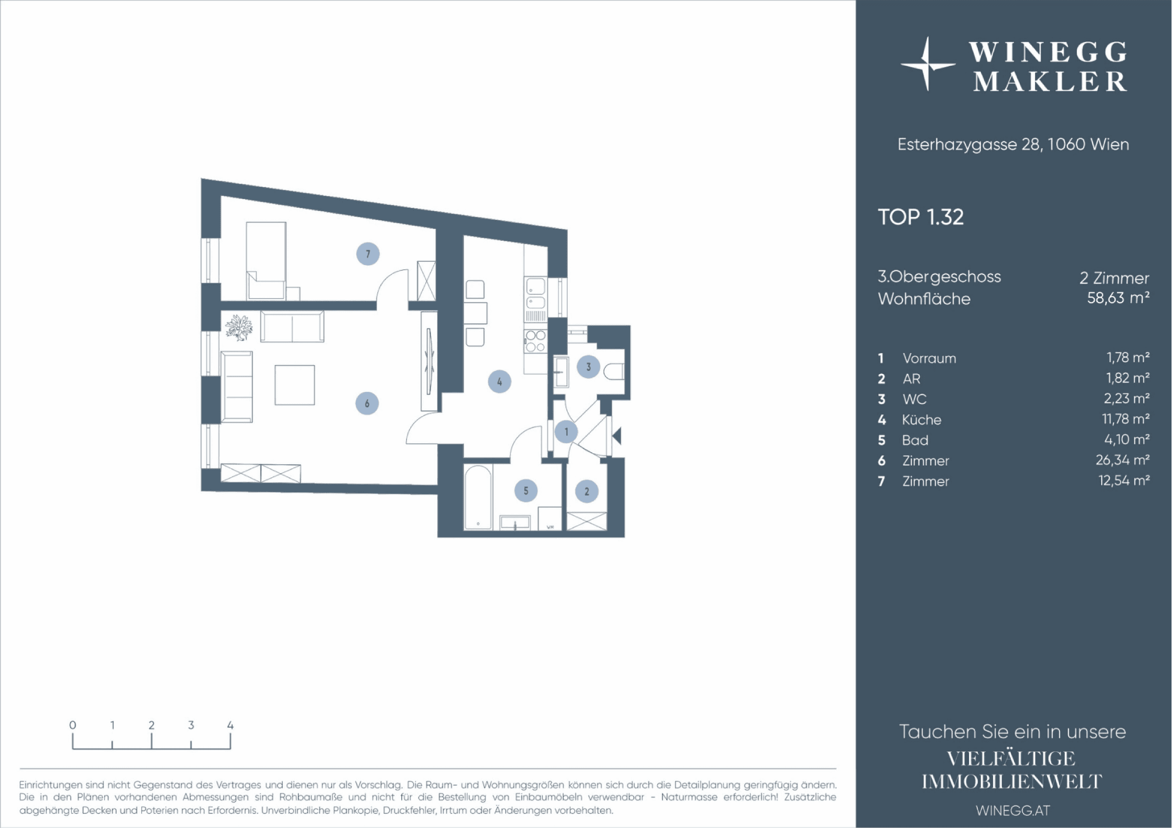 Grundriss 1/32 — Esterházygasse 28 — 2 Zimmer — 58,6 m² — 3rd floor