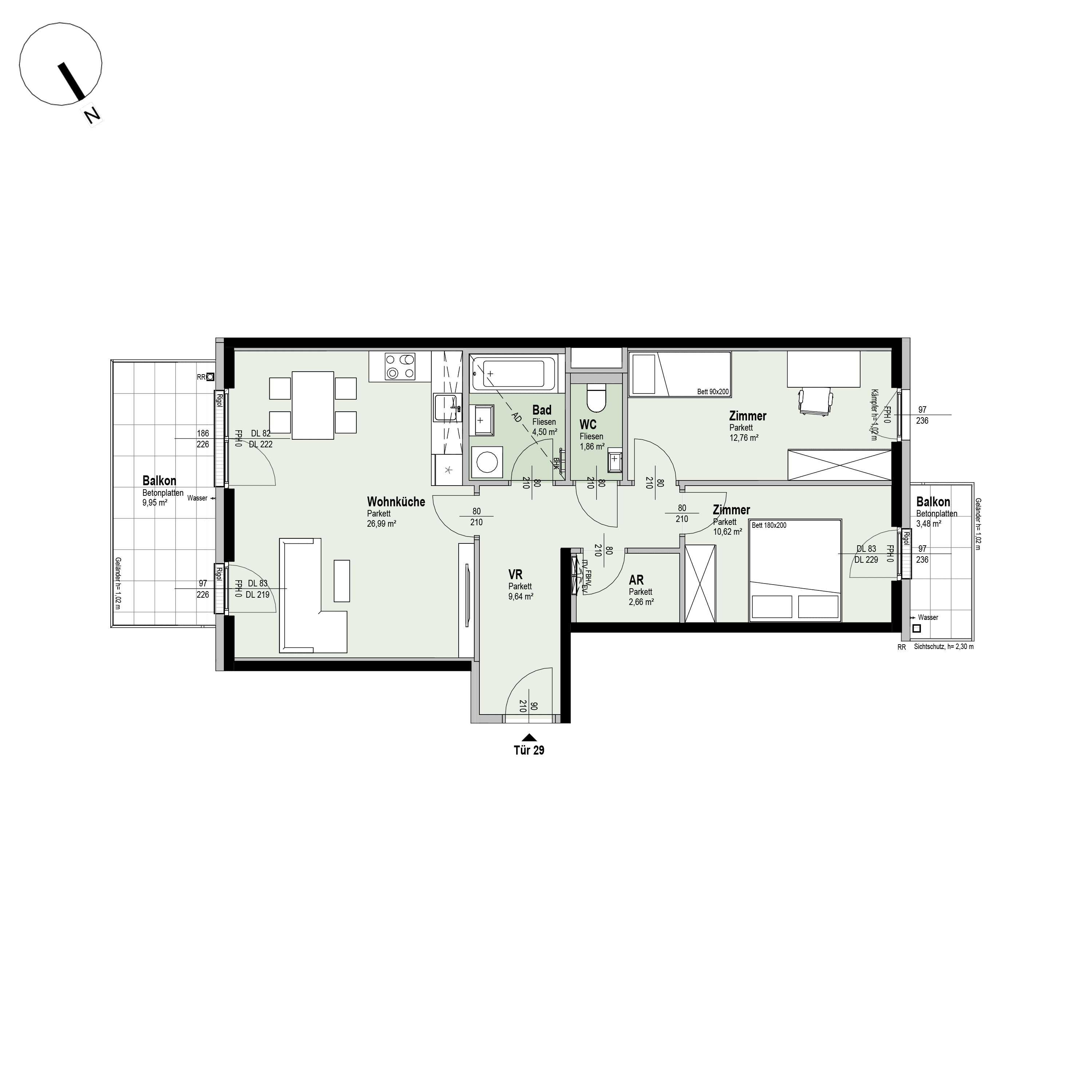 Grundriss Top 1/29 — Fahrbachgasse 6-8 — 3 Zimmer — 69 m² — 4th floor — O, W