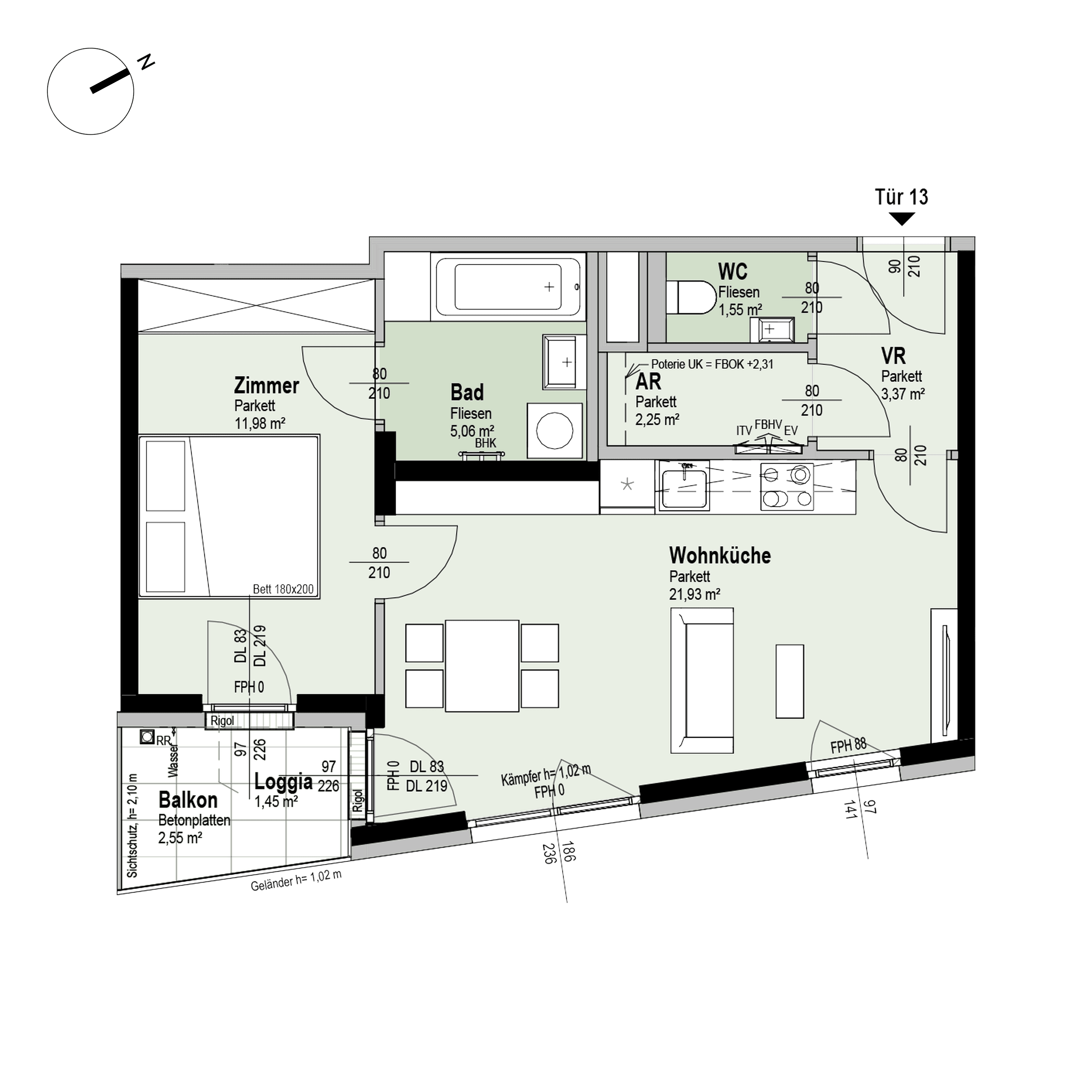 Grundriss Top 1/13 — Fahrbachgasse 6-8 — 2 Zimmer — 47,6 m² — 2nd floor — O, S
