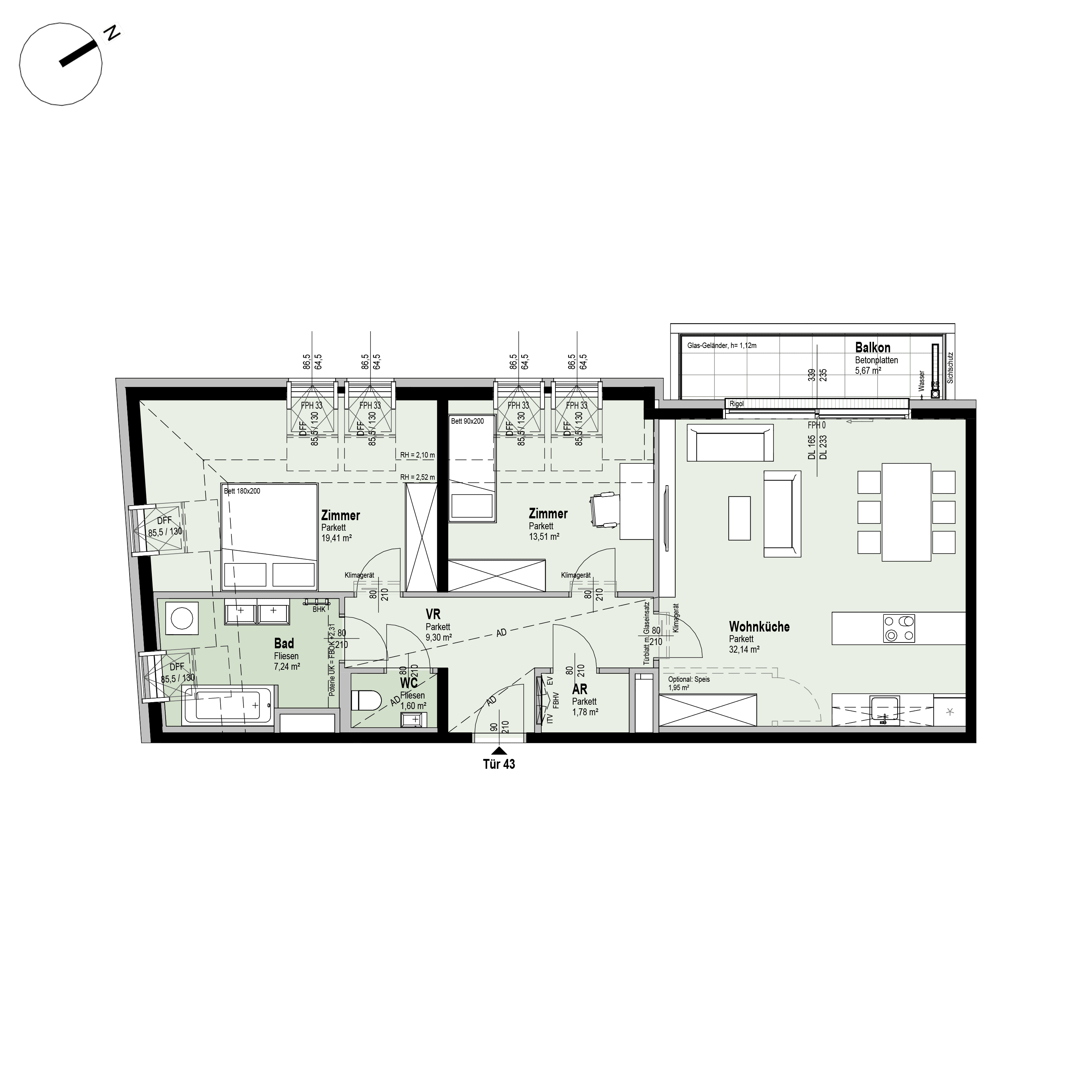 Grundriss Top 2/43 — Fahrbachgasse 6-8 — 3 Zimmer — 85 m² — 1st attic floor — W