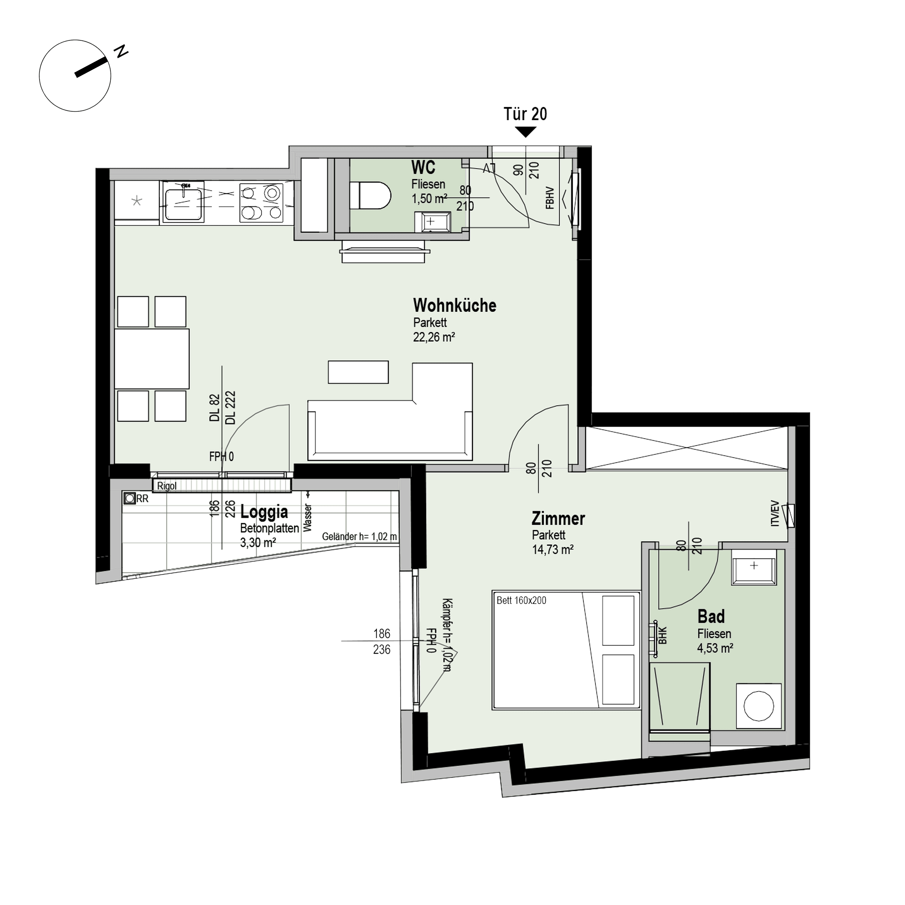 Grundriss Top 1/20 — Fahrbachgasse 6-8 — 2 Zimmer — 46,4 m² — 3rd floor — O, S