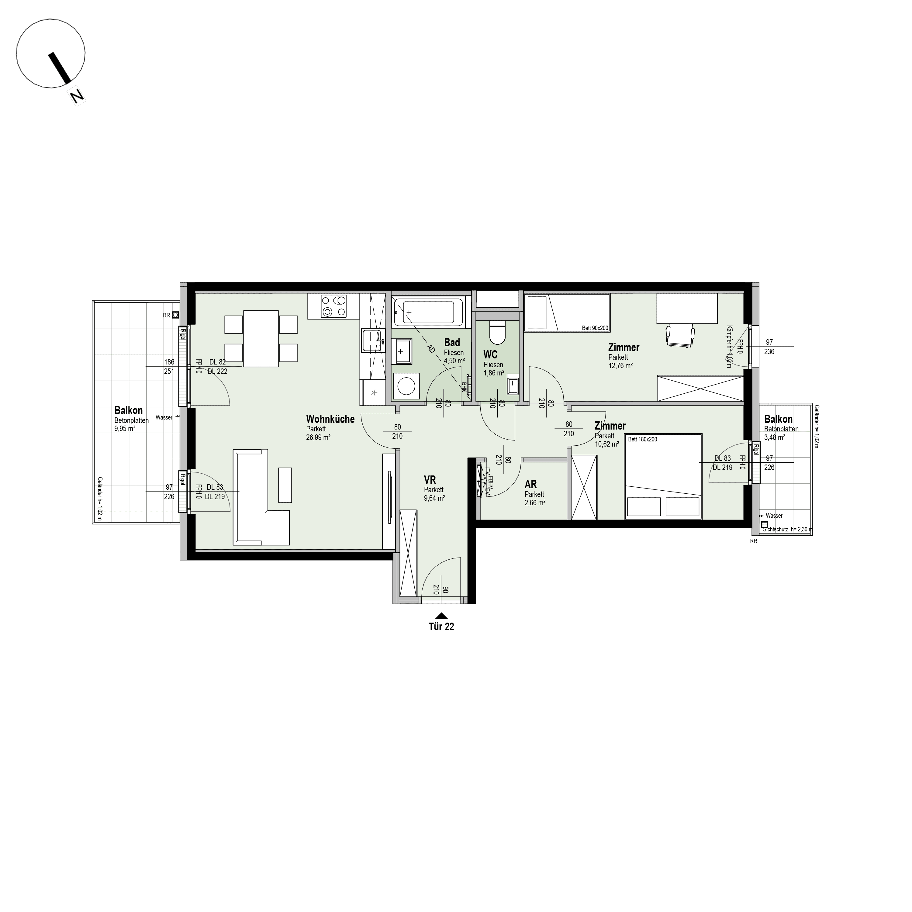 Grundriss Top 1/22 — Fahrbachgasse 6-8 — 3 Zimmer — 69 m² — 3rd floor — O, W