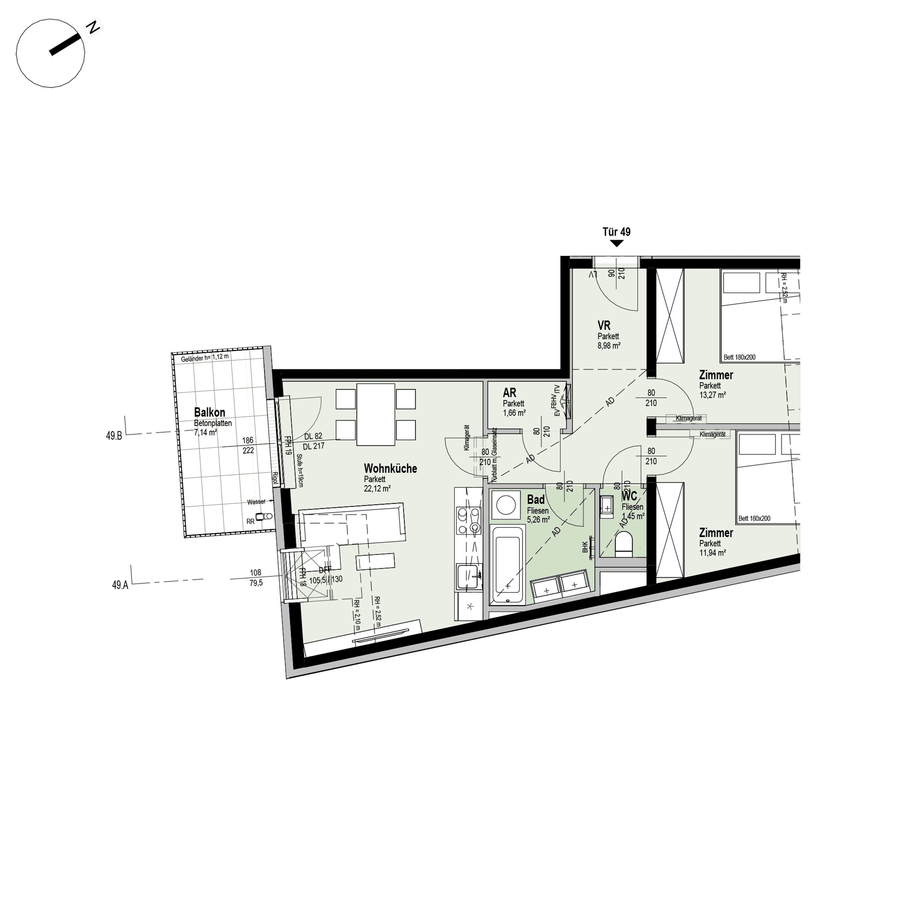 Grundriss Top 2/49 — Fahrbachgasse 6-8 — 3 Zimmer — 64,7 m² — 1st attic floor — O, S