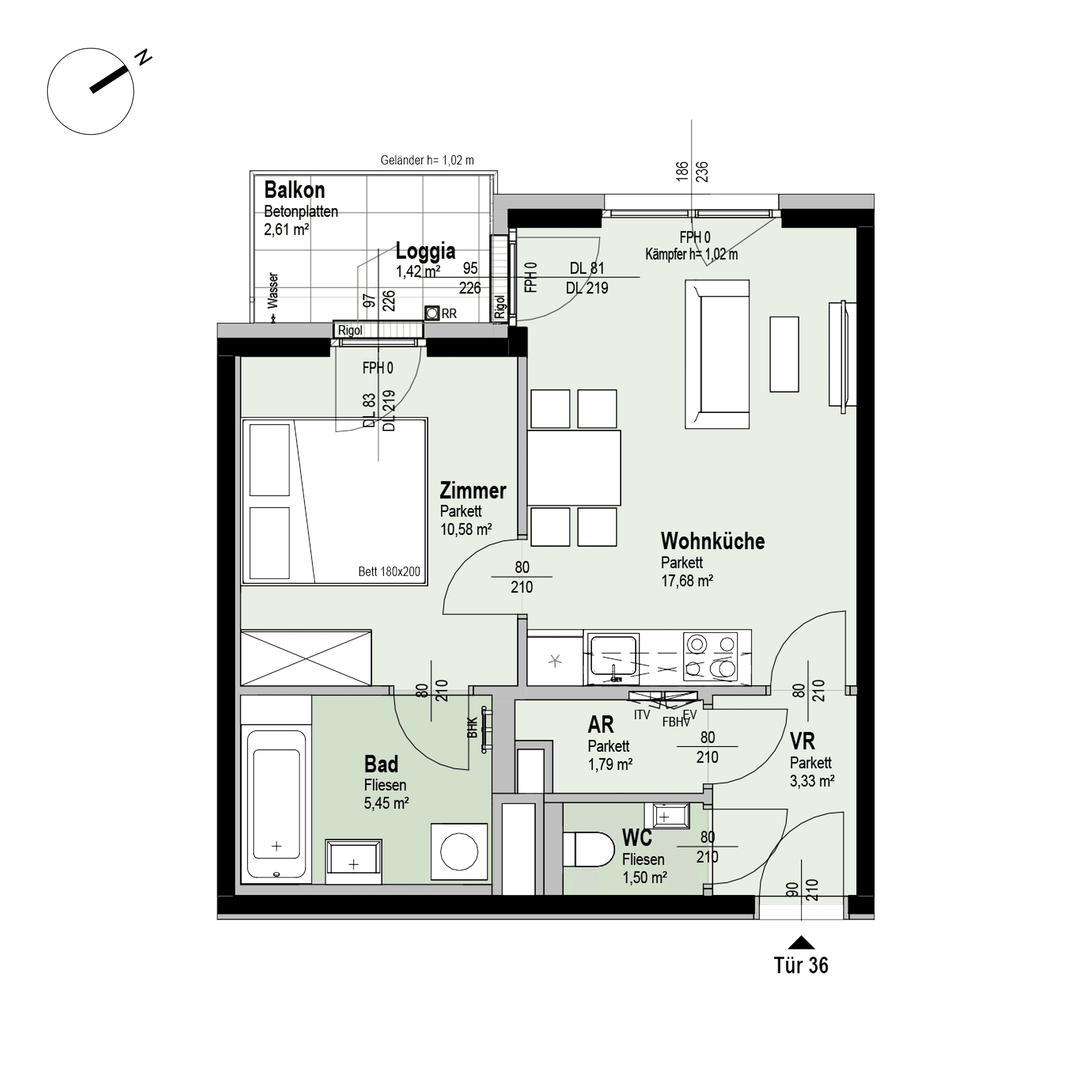 Grundriss Top 2/36 — Fahrbachgasse 6-8 — 2 Zimmer — 41,8 m² — 4th floor — W