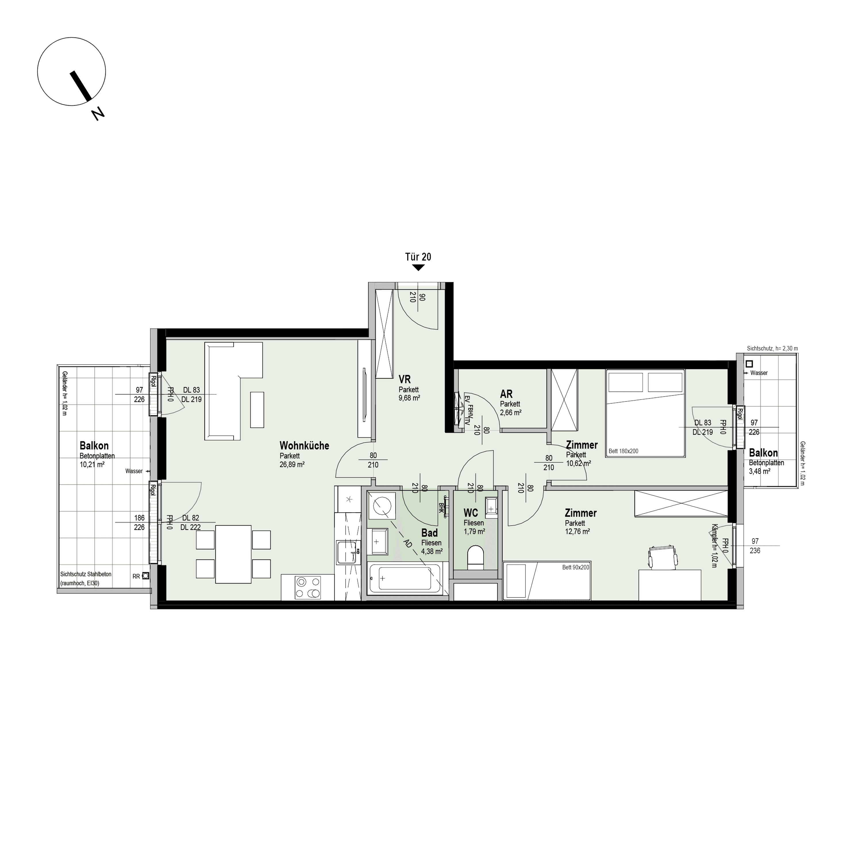 Grundriss Top 2/20 — Fahrbachgasse 6-8 — 3 Zimmer — 68,8 m² — 2nd floor — O, W